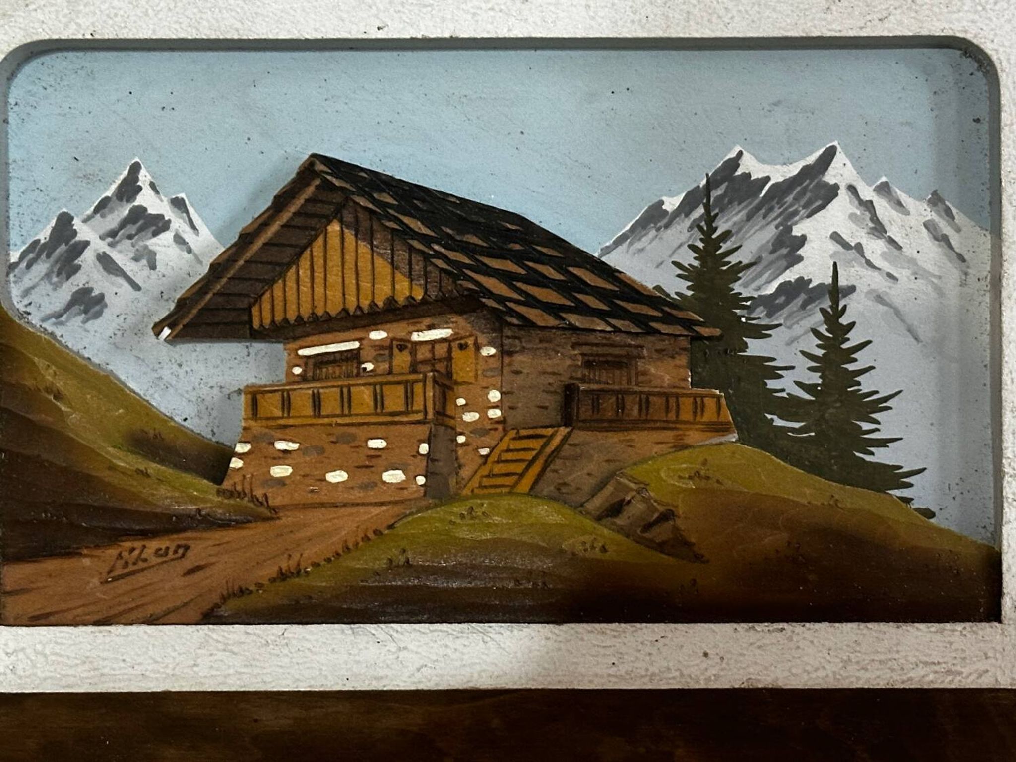 Tableau alpin vintage en bois sculpté et peint - signé