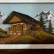 Tableau alpin vintage en bois sculpté et peint - signé