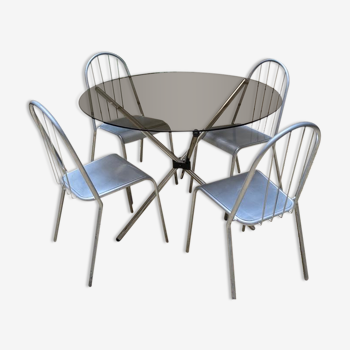 Table ronde en verre fumé et 4 chaises