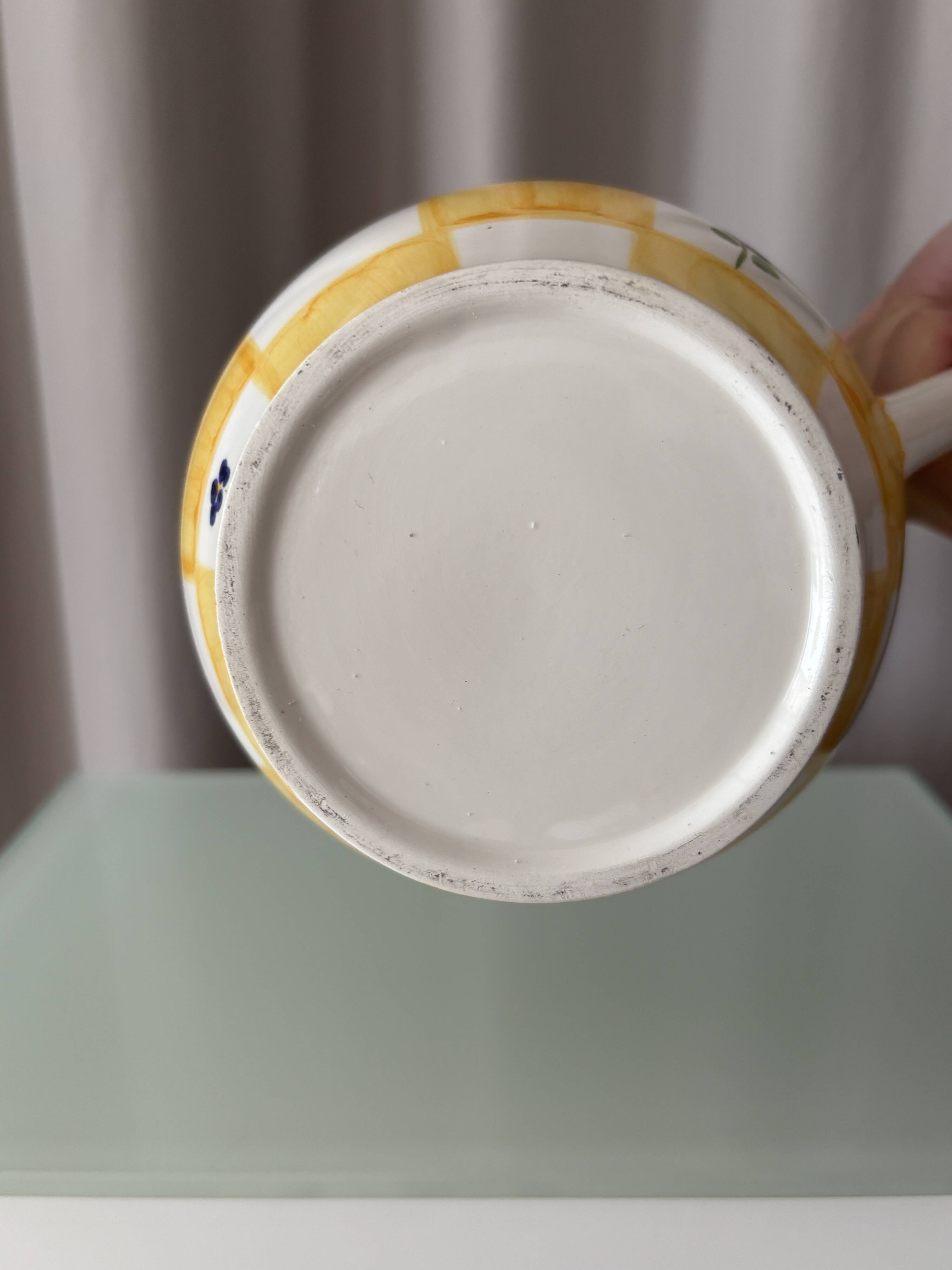 Cottagecore hand-painted ceramic jug – yellow check & blue flowers