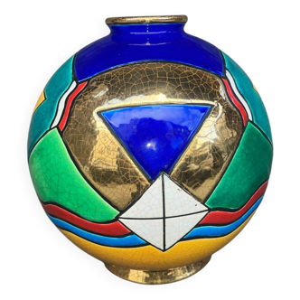 Vase émaux de longwy art déco. hauteur 26 cm "rio grande"