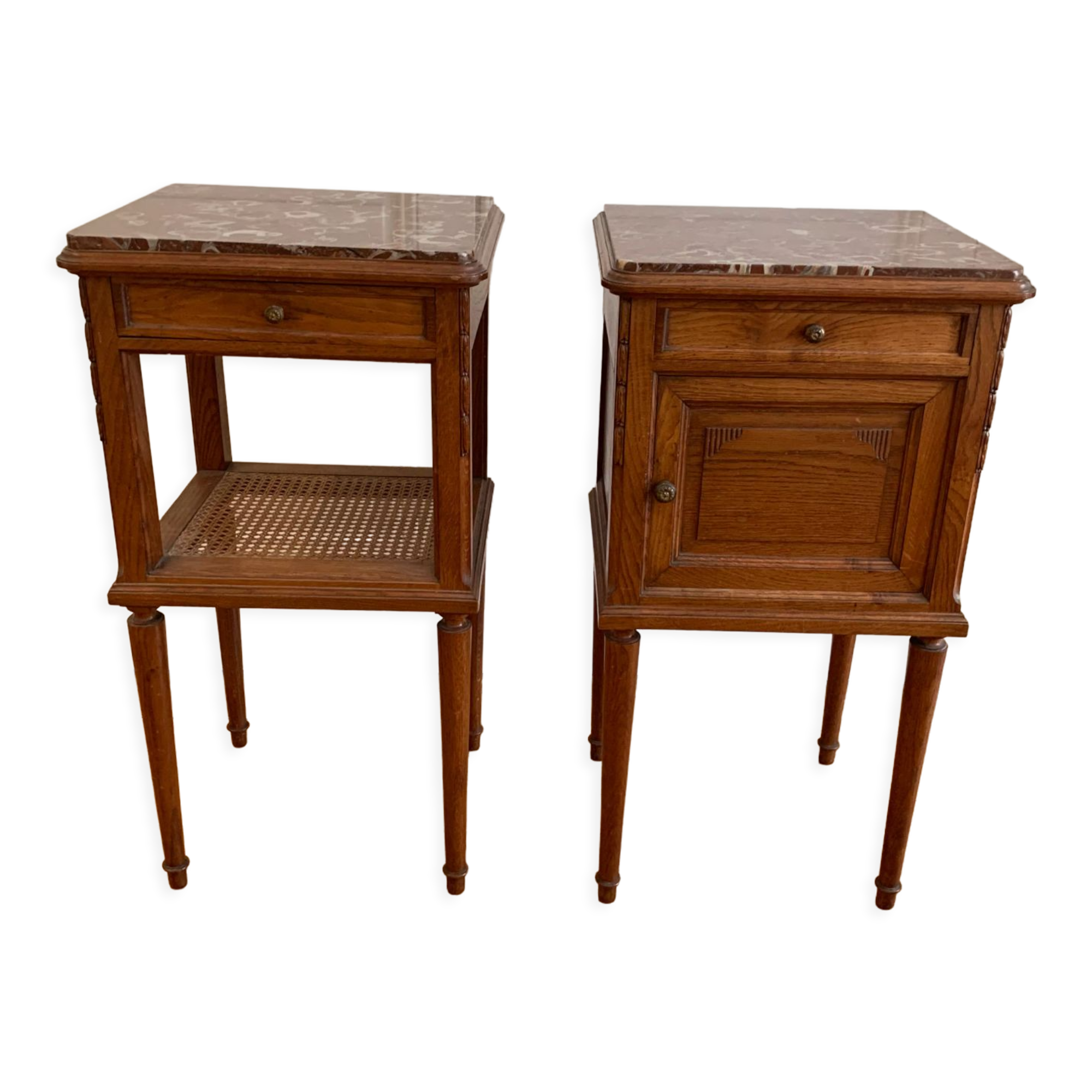 Pair of high marble and walnut bedside tables