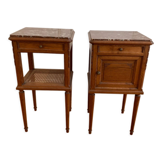 Pair of high marble and walnut bedside tables
