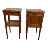 Pair of high marble and walnut bedside tables