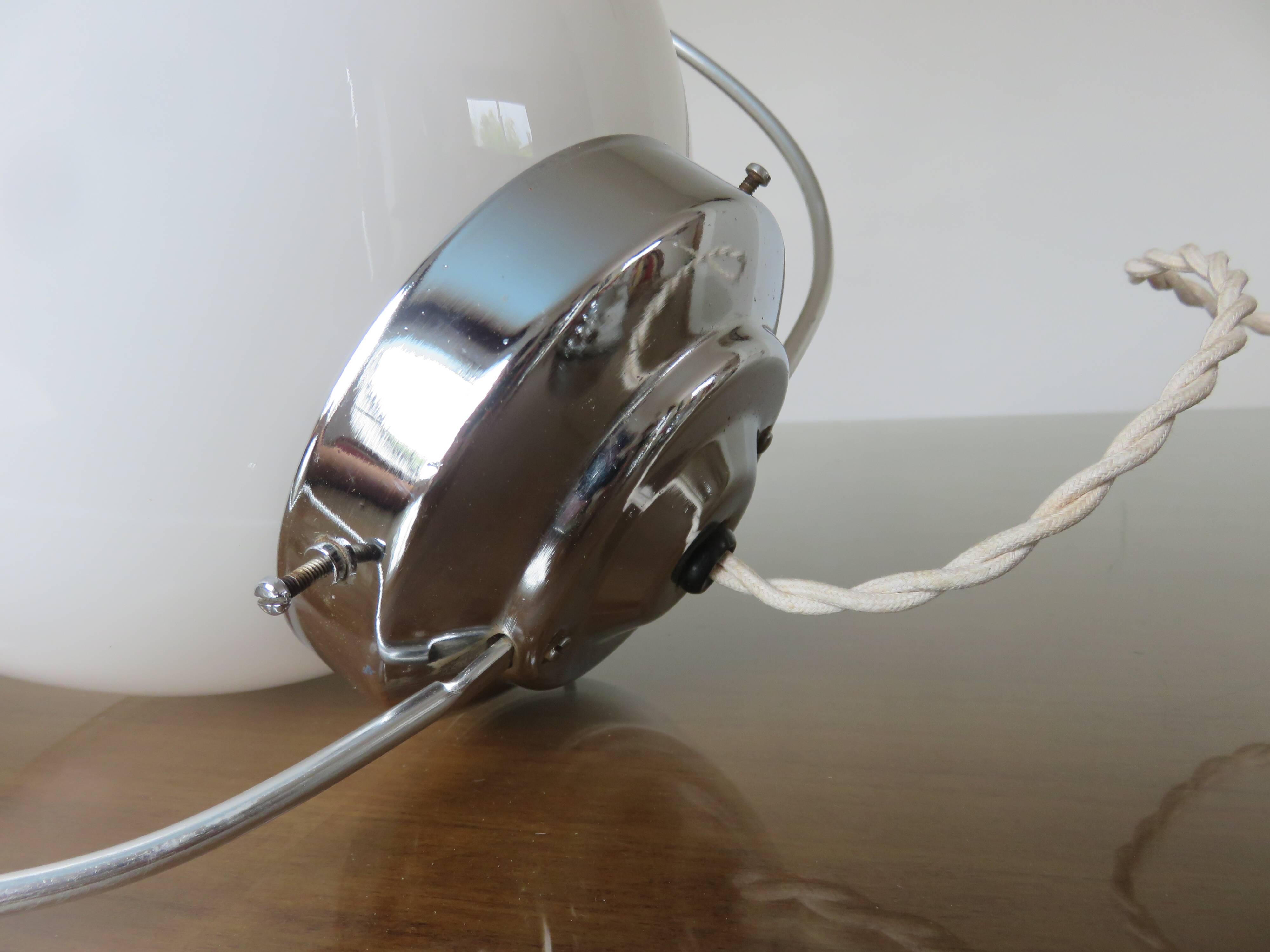 Art Deco pendant light in opaline and chrome-plated brass, 1930s-1940s