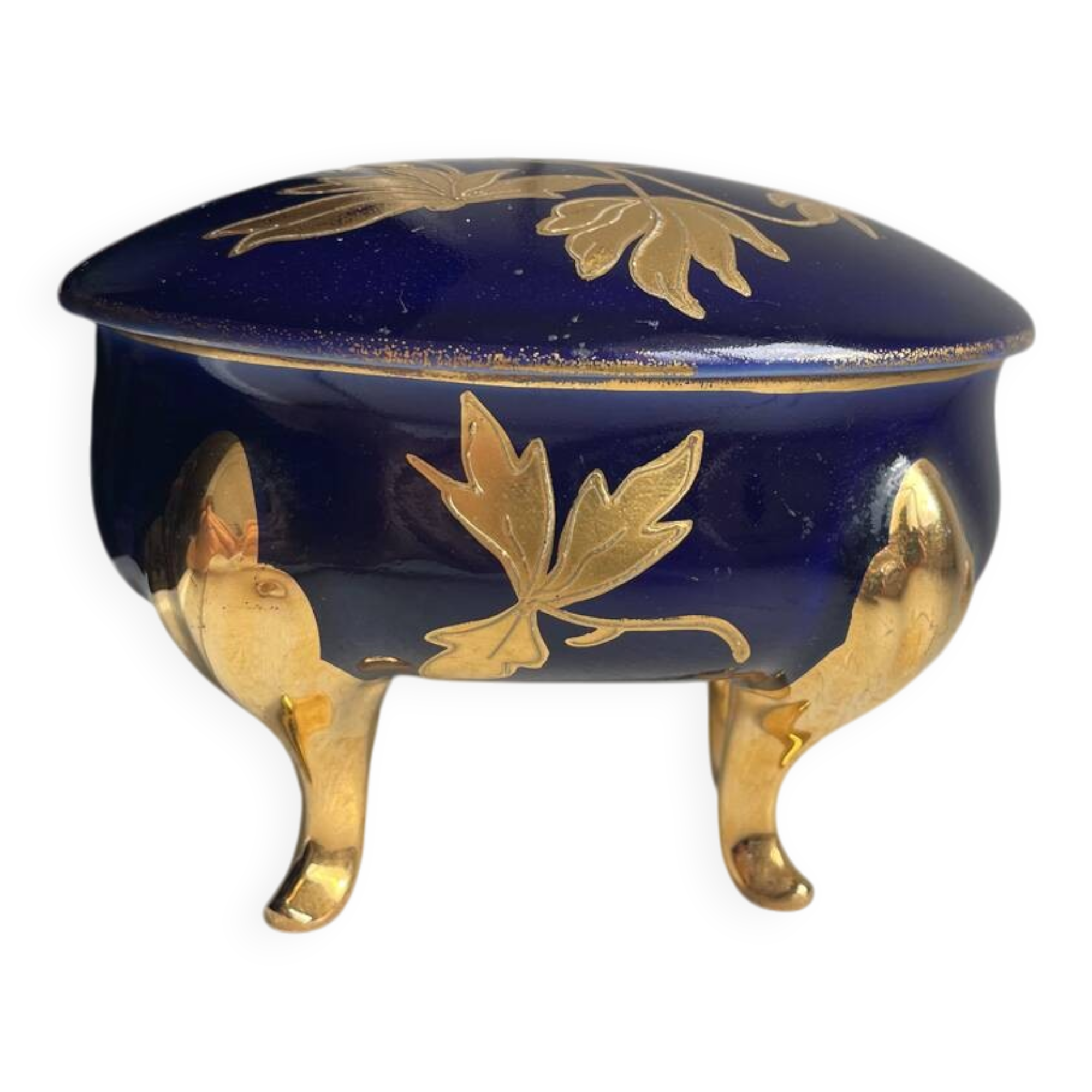 Cobalt blue and gold porcelain bonbonnière, signed JLMenau.