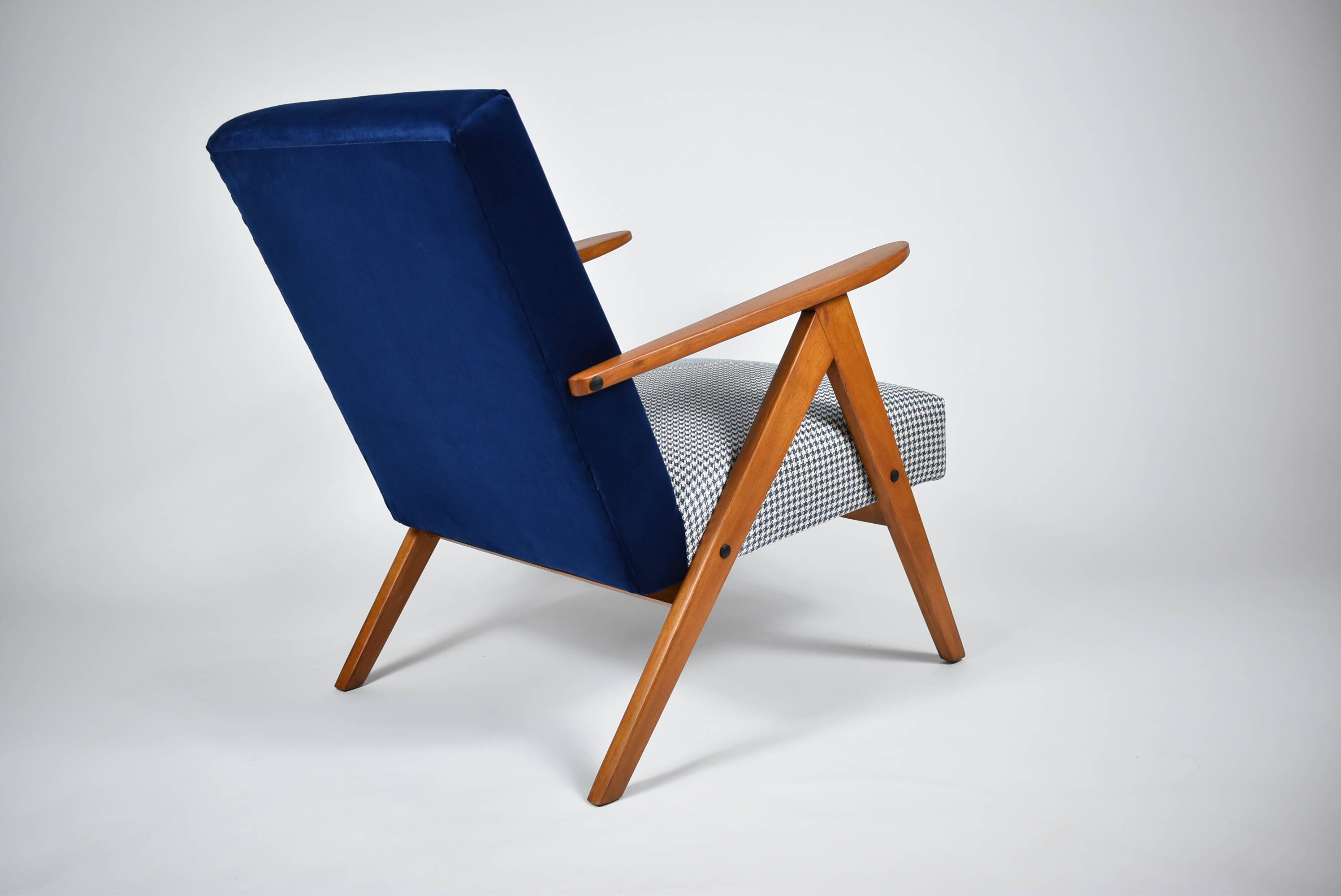 Original armchair compas, pied de poule, blue velvet, 1960s, restored