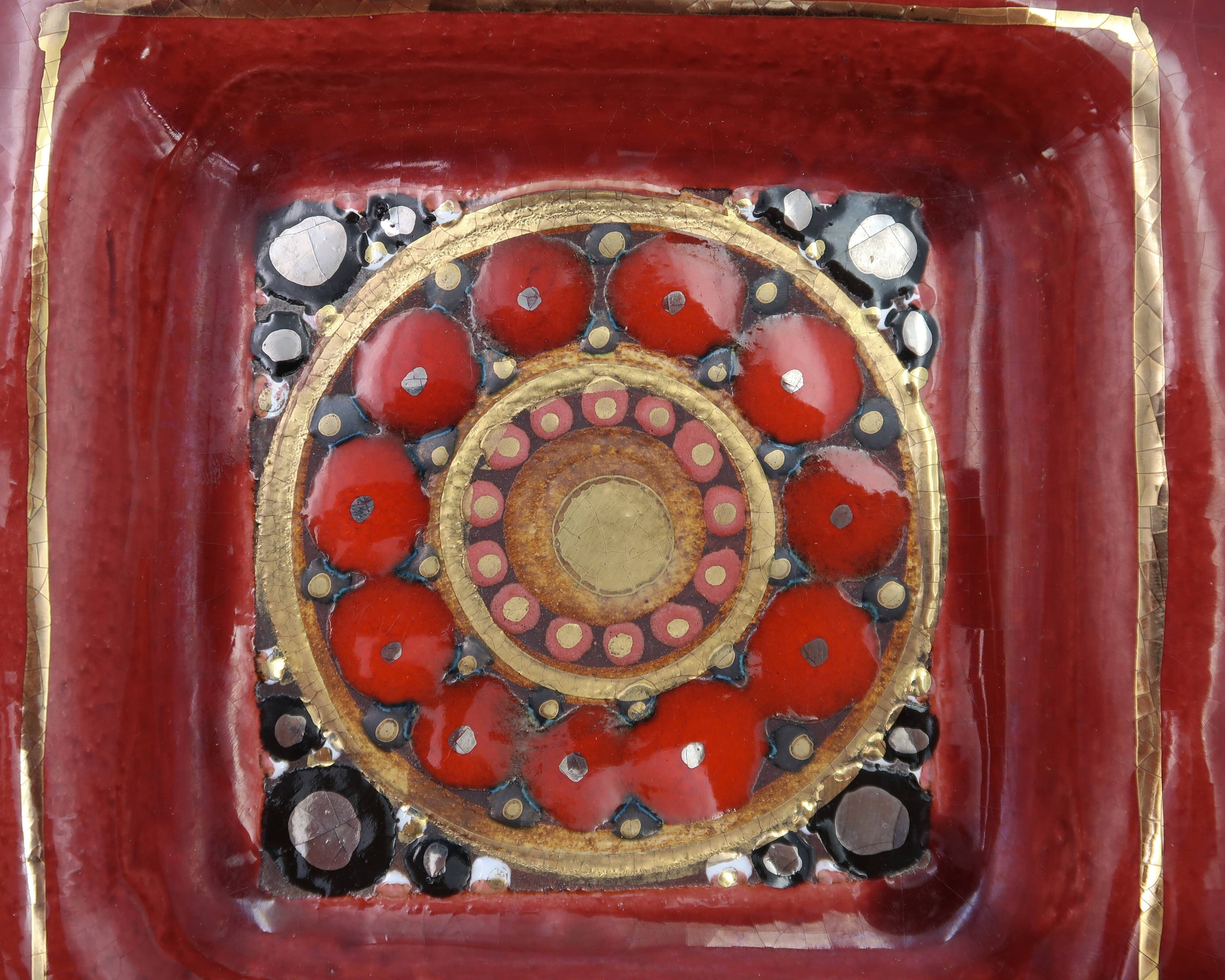 Georges Pelletier red and gold square ceramic pocket emptier, 1970s