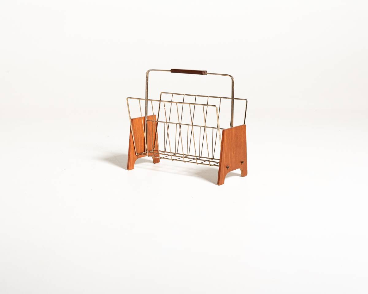 Scandinavian teak and metal magazine rack, 1960s