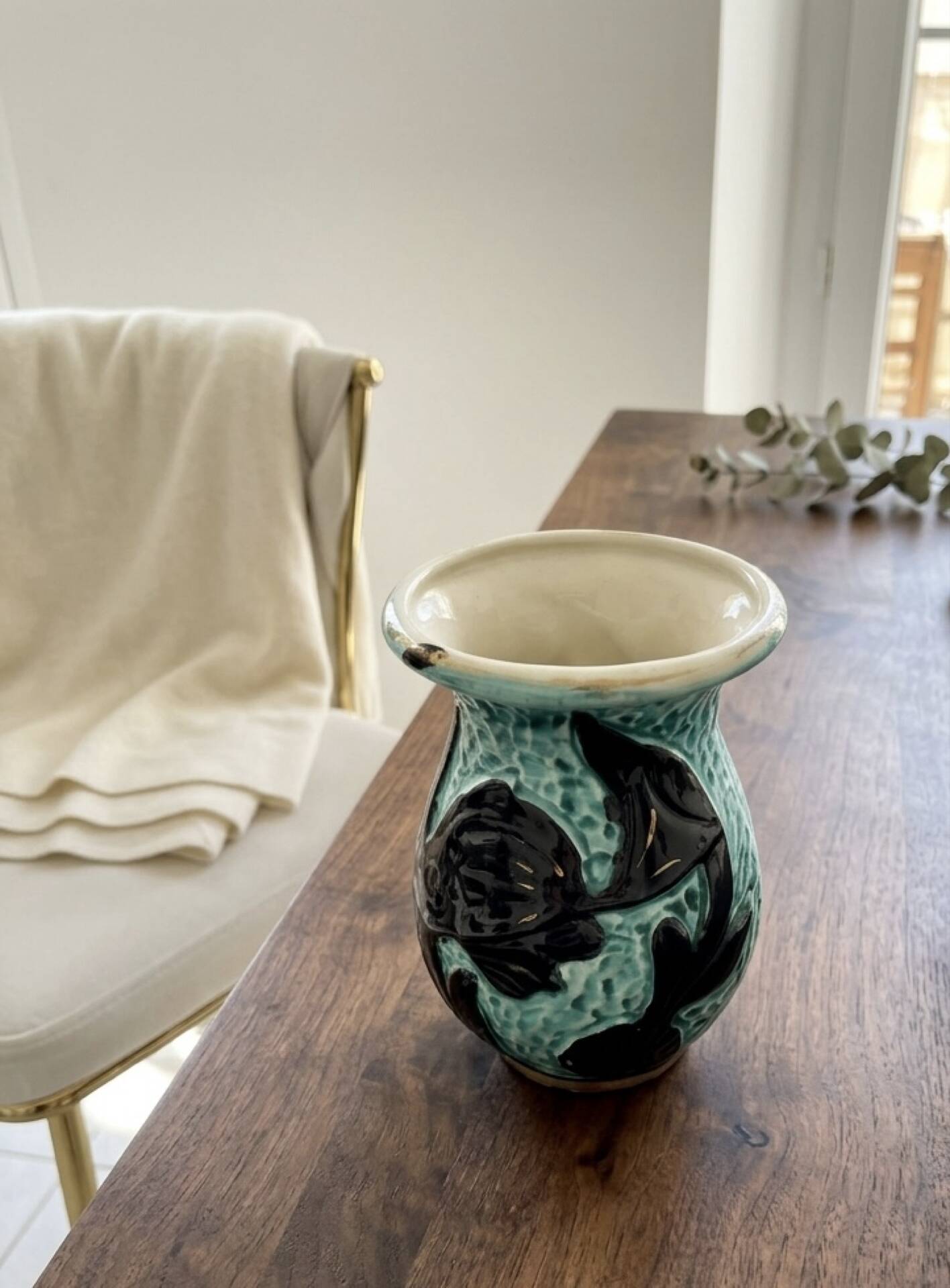 Vintage ceramic vase from Vallauris, 1950s-60s, turquoise and black.