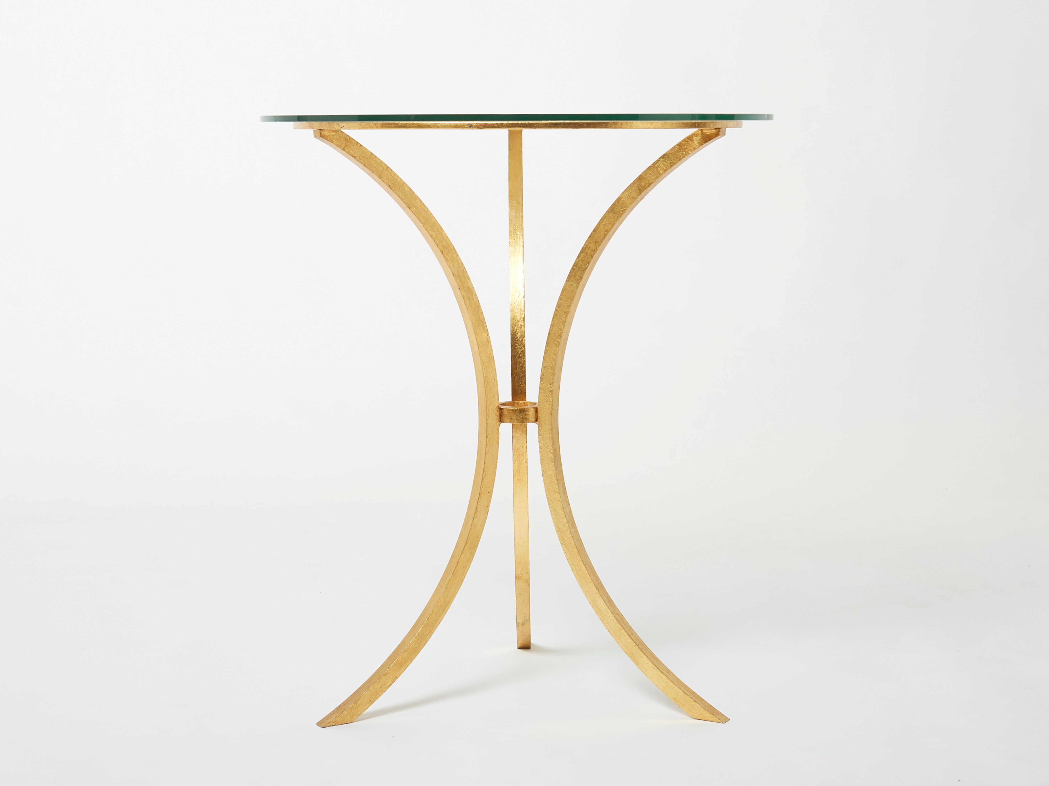 Golden iron and glass pedestal table by Roger Thibier 1960