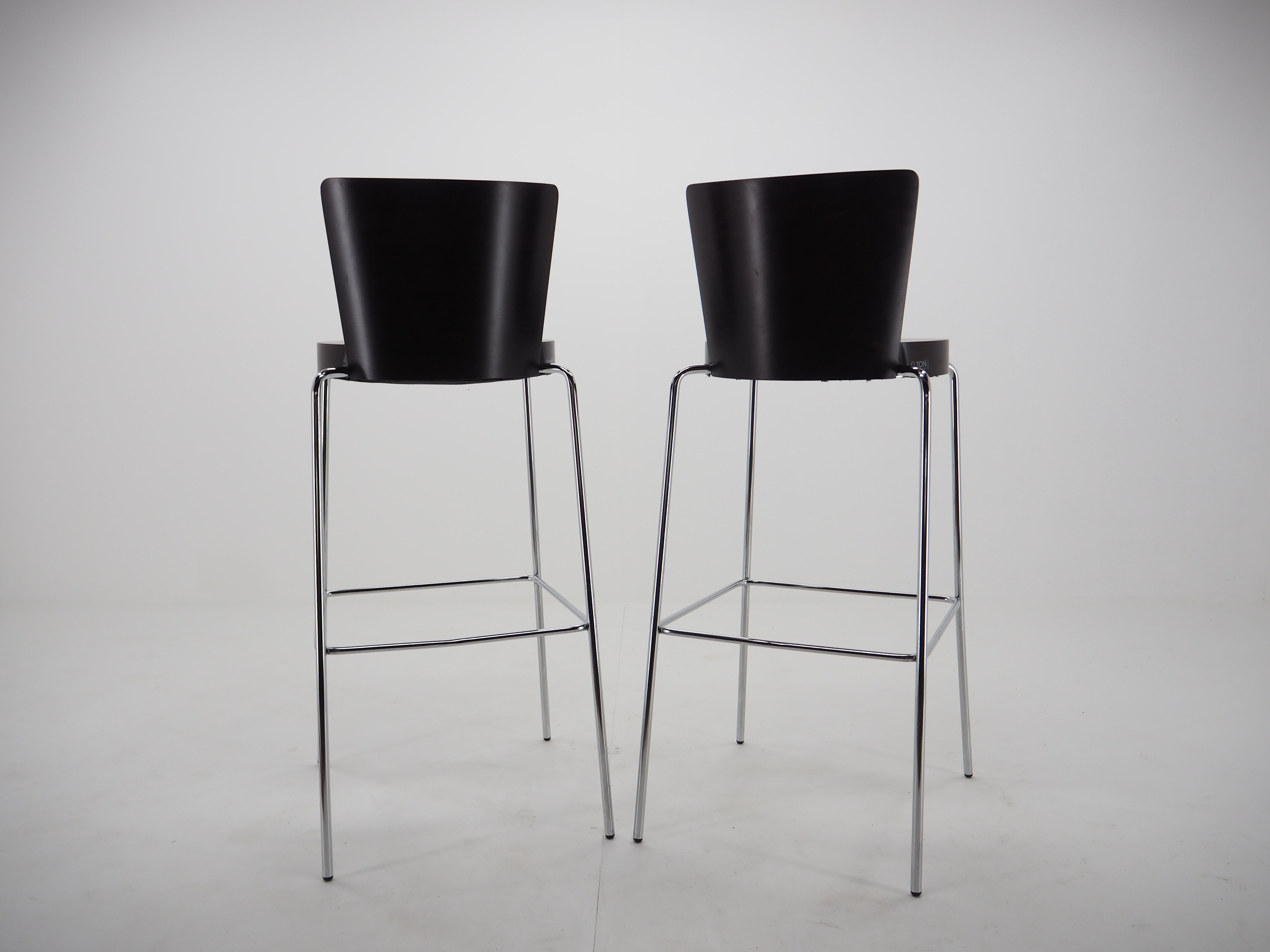 Midcentury chrome and wood bar stools by Ton, Czechoslovakia, 1980s