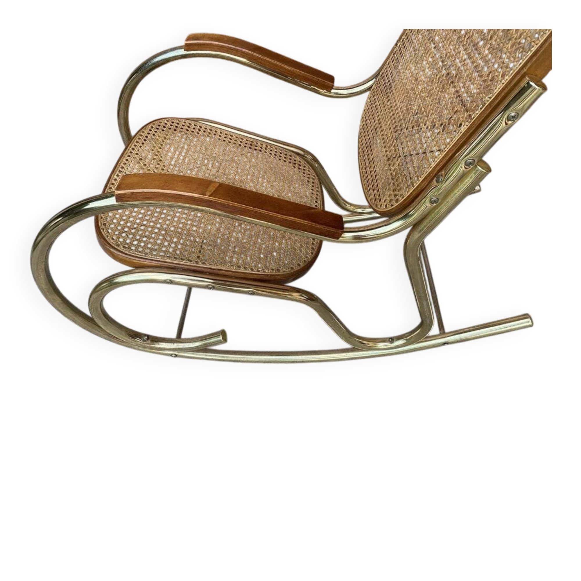 Vintage rocking chair in gilded brass and brown rattan - 1950s design