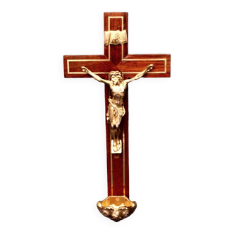 Large Crucifix with stoup in Oak and Brass - Old (1920) - French - Antique