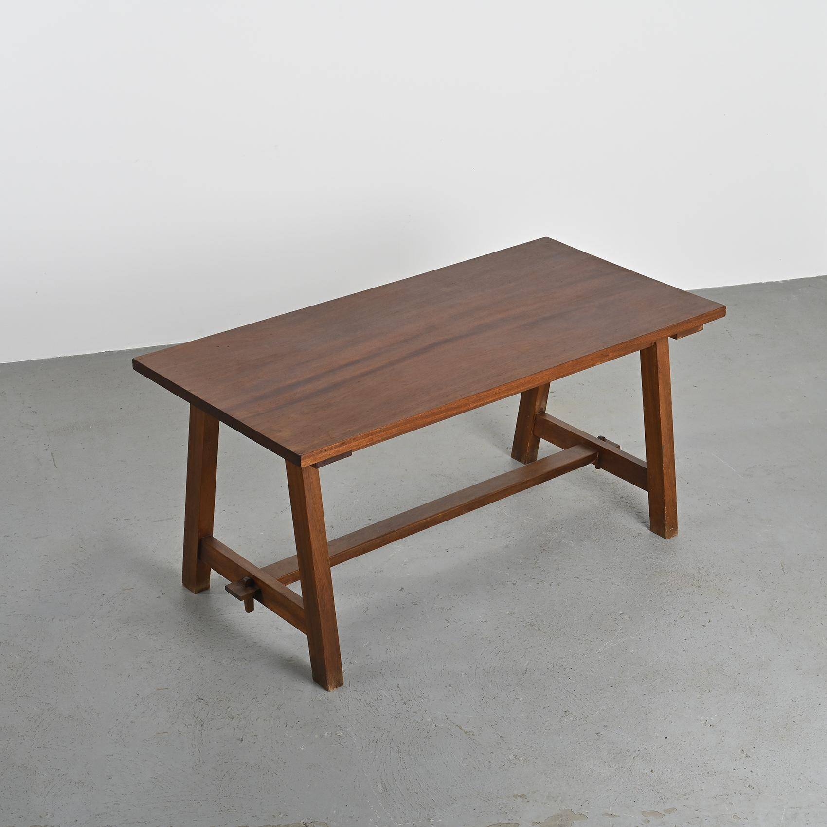 Mahogany dining table and benches, mountain work, France circa 1960