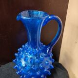 Cobalt blue vase pitcher Empolie in bubbled glass with dots.