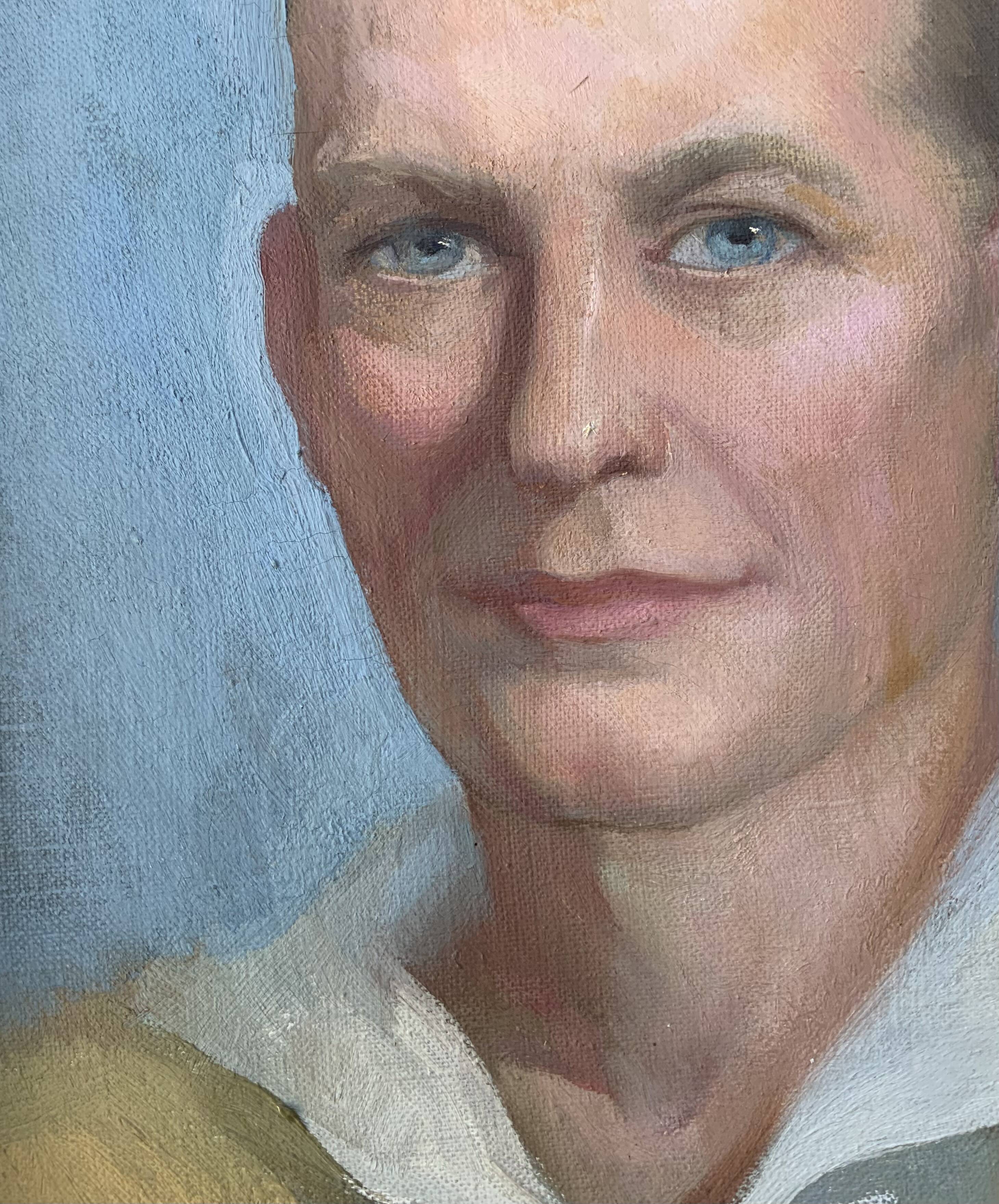 Vintage Oil On Canvas Men Portrait Signed, Small, 1950s