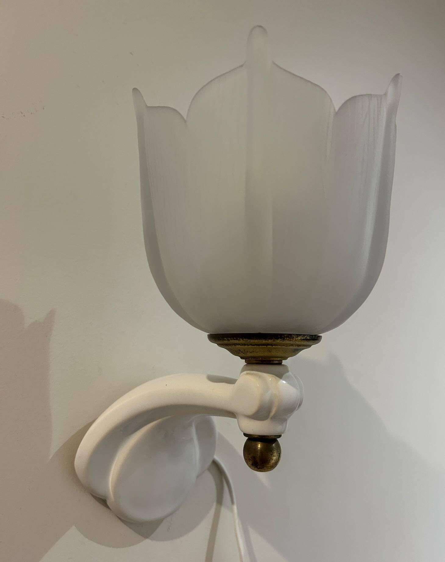 pair of ceramic and frosted glass wall lights 1950