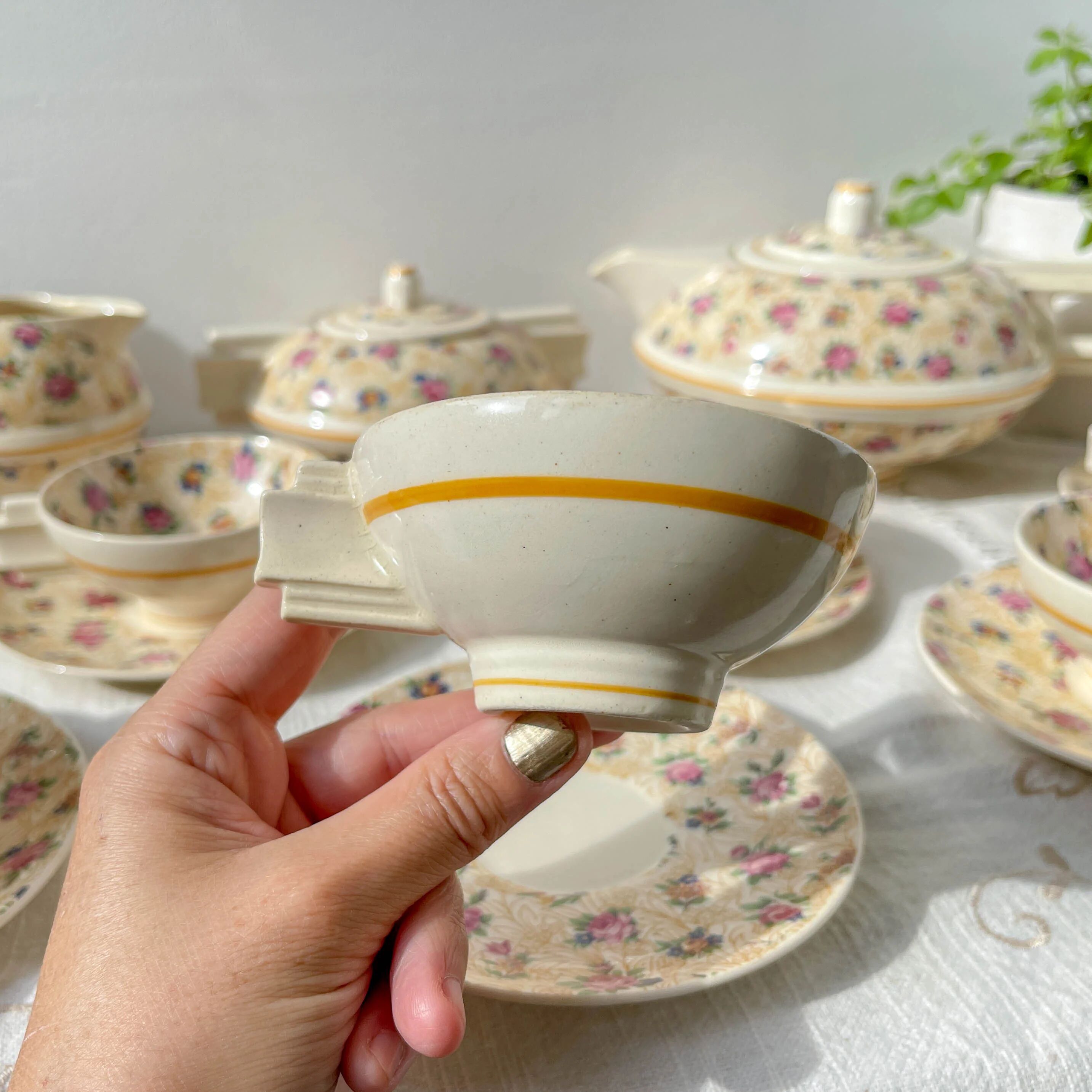 Robj Paris Coffee Tea Set with Floral Yellow Porcelain Core - Vintage Art Deco Style