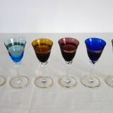 6 multicolored aperitif glasses with twisted legs