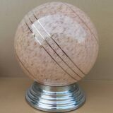 Ancien plafonnier boule verre de clichy imposant rose & argenté luminaire art déco