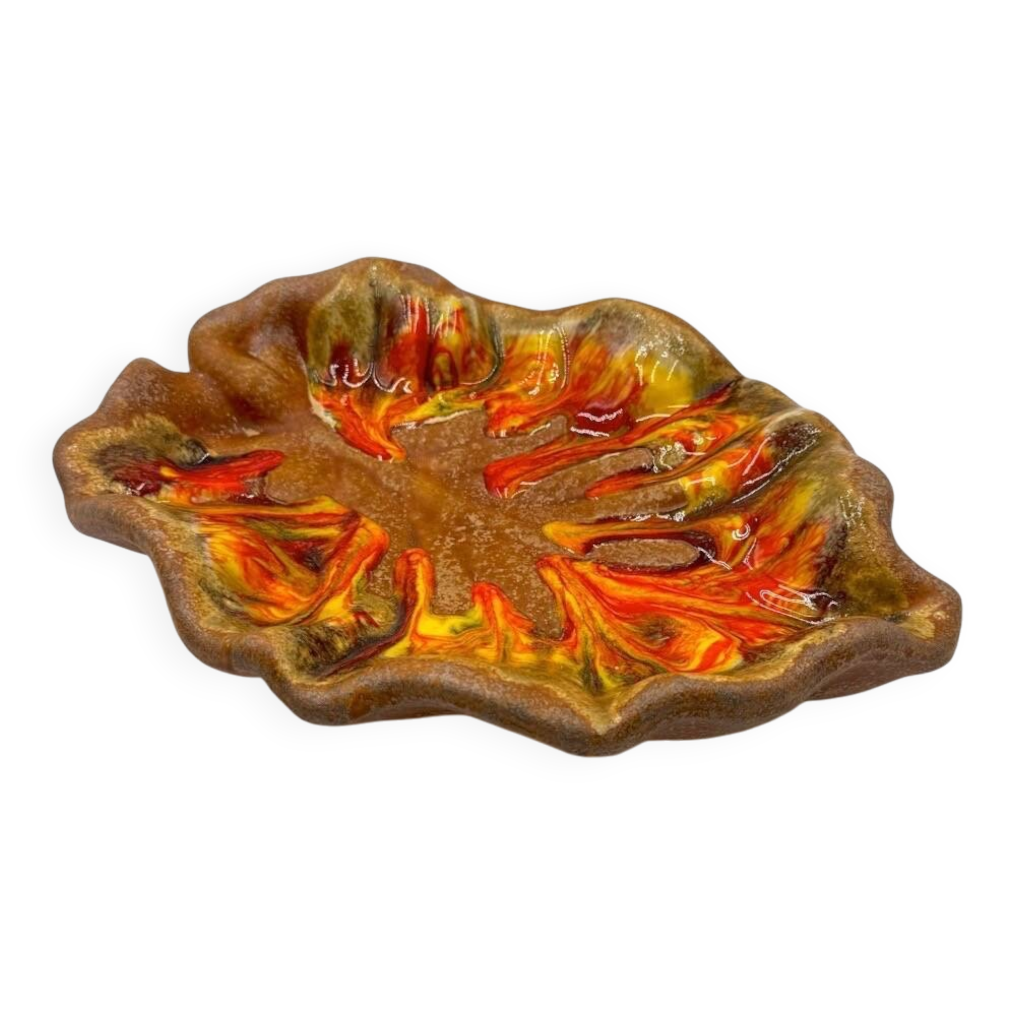 Polychrome glazed ceramic multi-lobed bowl from the 1970s