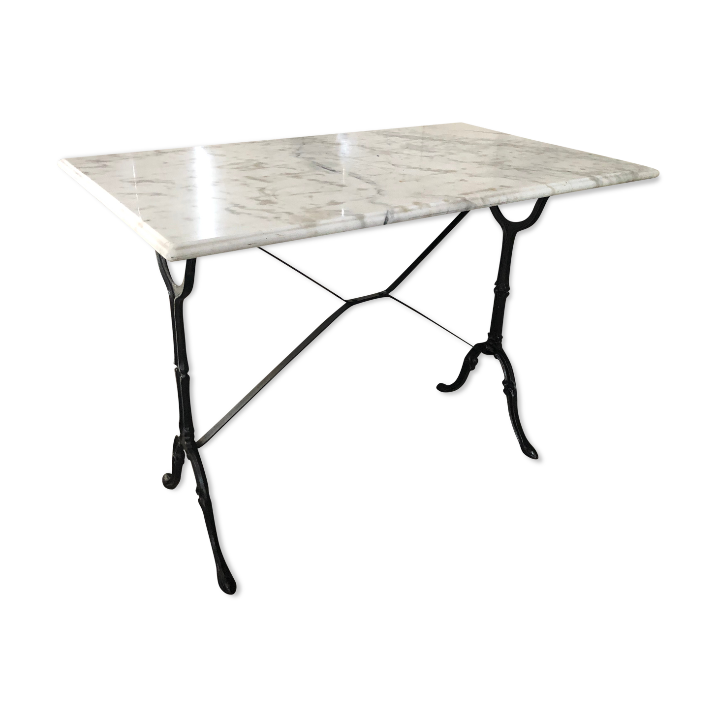 Ancienne table de bistrot pied fer forgé noir et plateau marbre blanc vintage