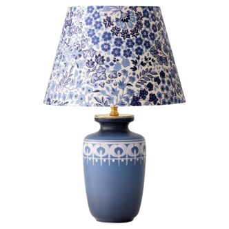 Mid-century modern blue ceramic table lamp with new Liberty London floral shade.