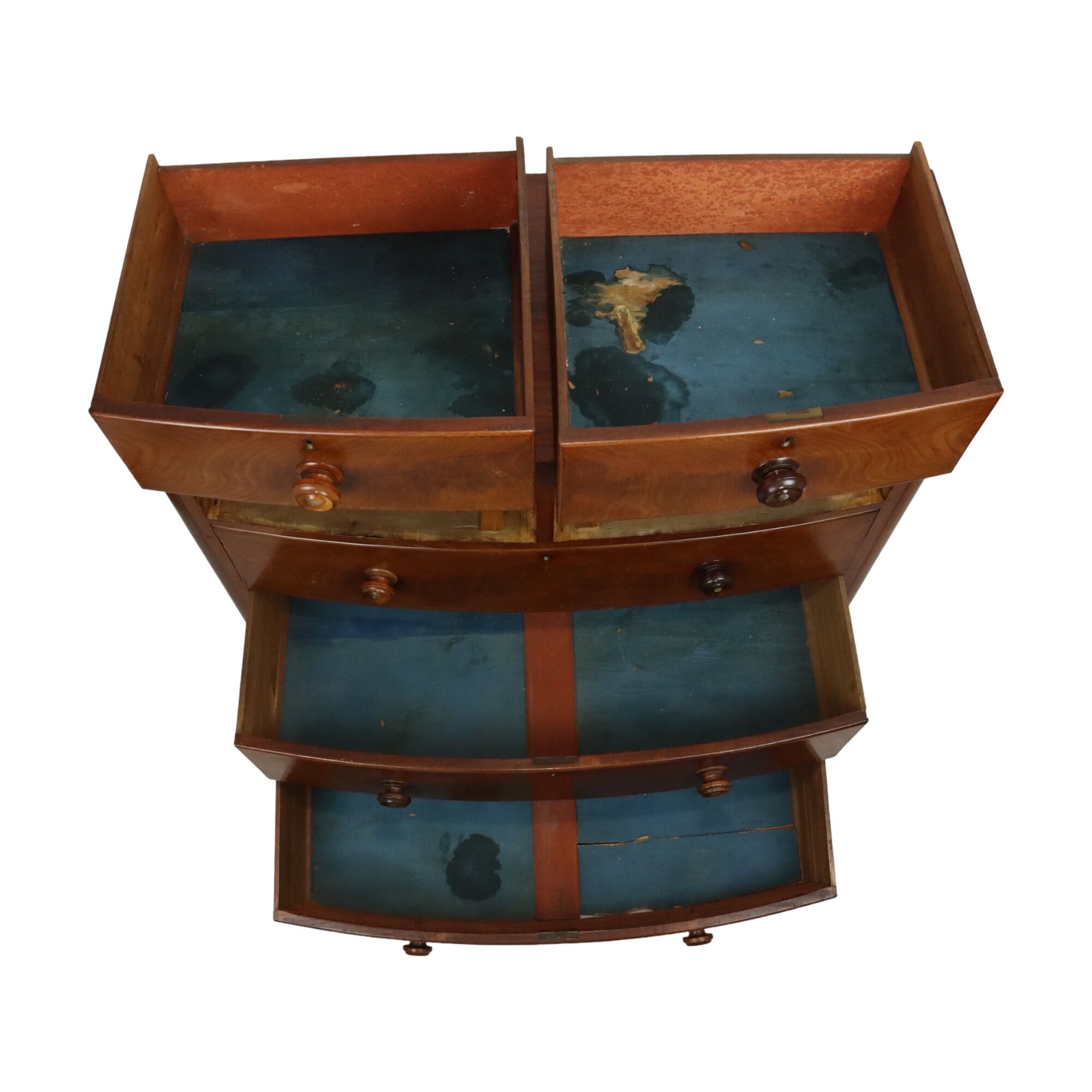 Antique english chest of drawers bow front mirrored mahogany veneer 120cm