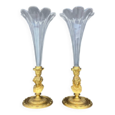 Pair of cut crystal and gilded bronze cornets, in Empire style.