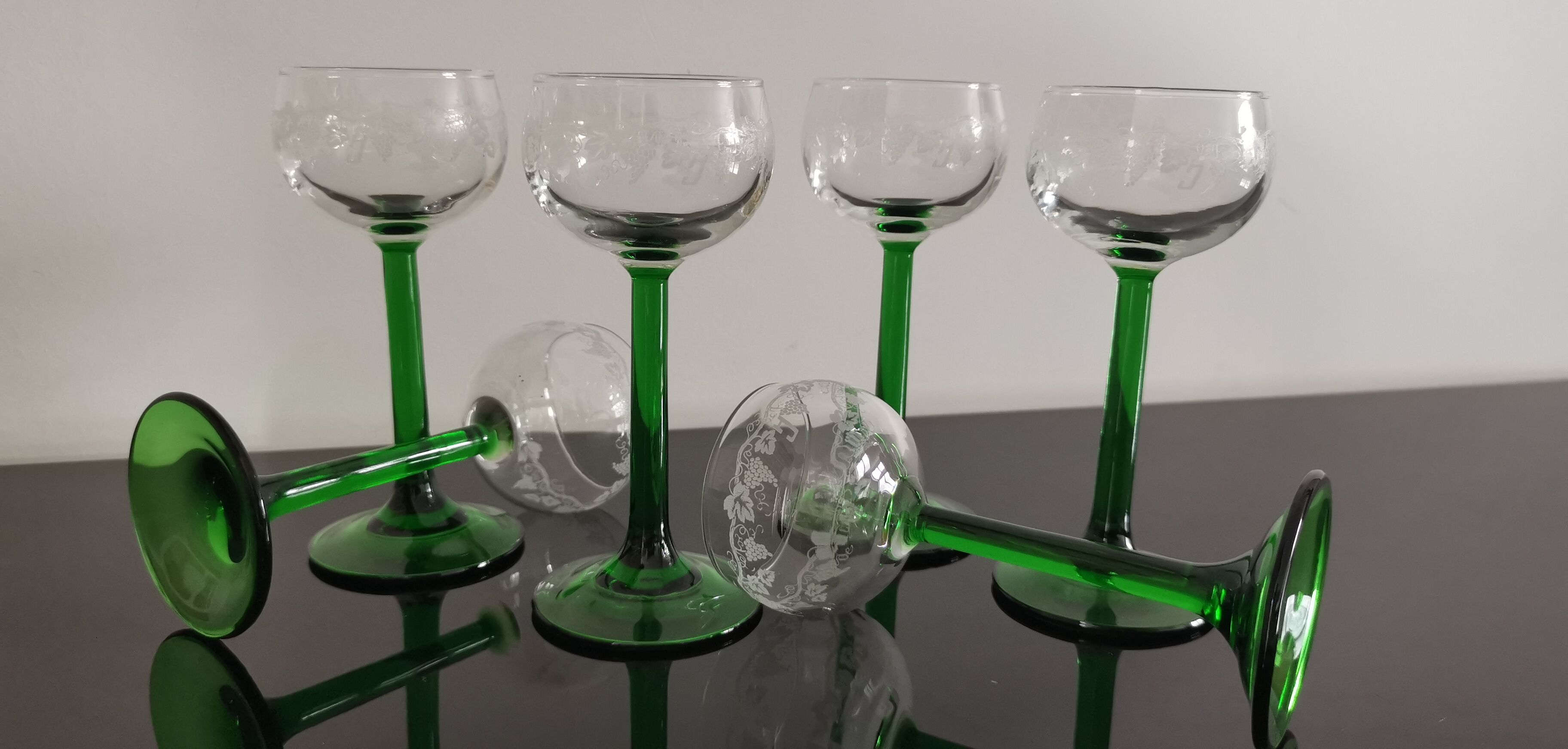 Vintage Alsace wine glasses with green feet decorations Bunches of Grapes and Vines HJ