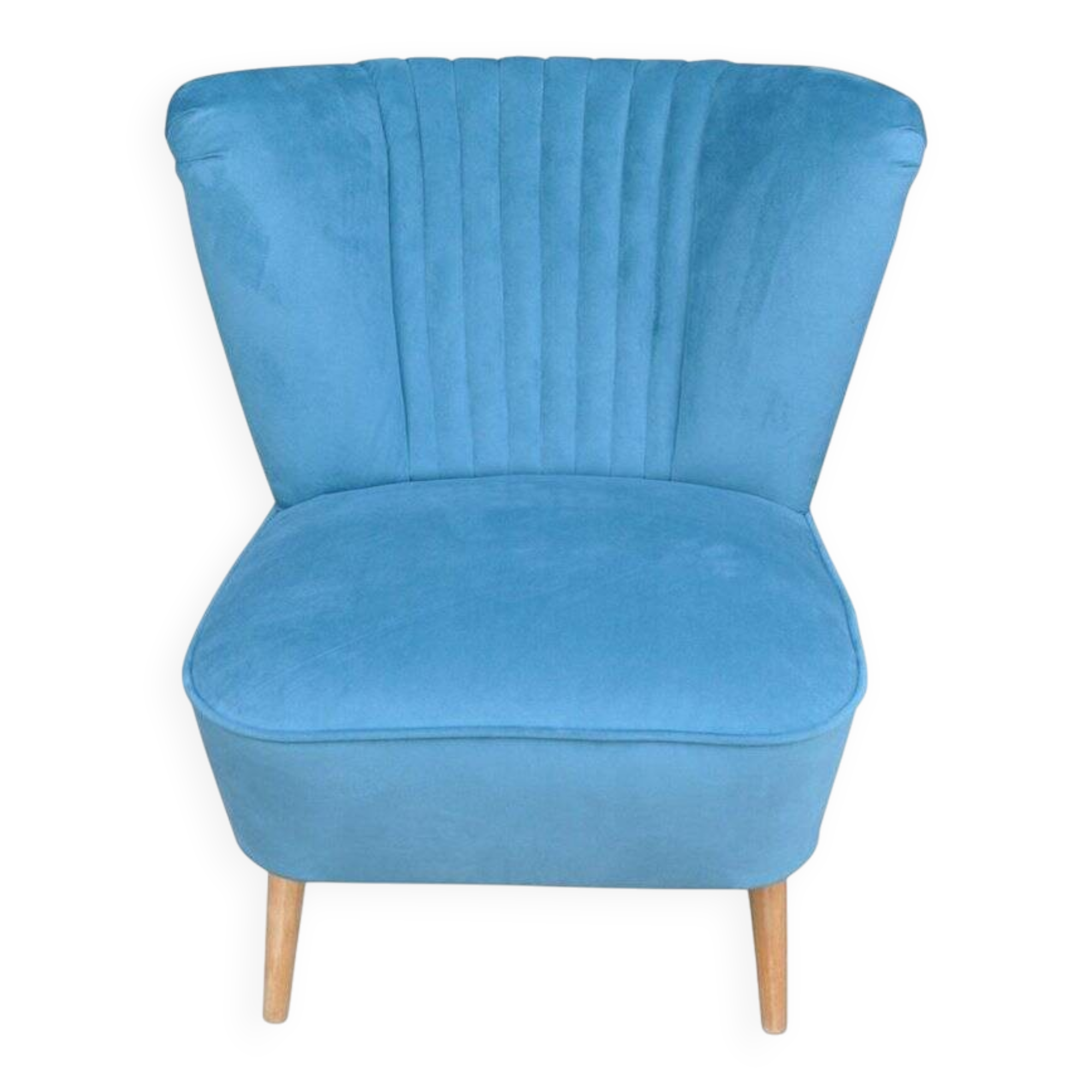Blue cocktail armchair in beech wood, velvet fabric, Mid-Century design from the 1960s.