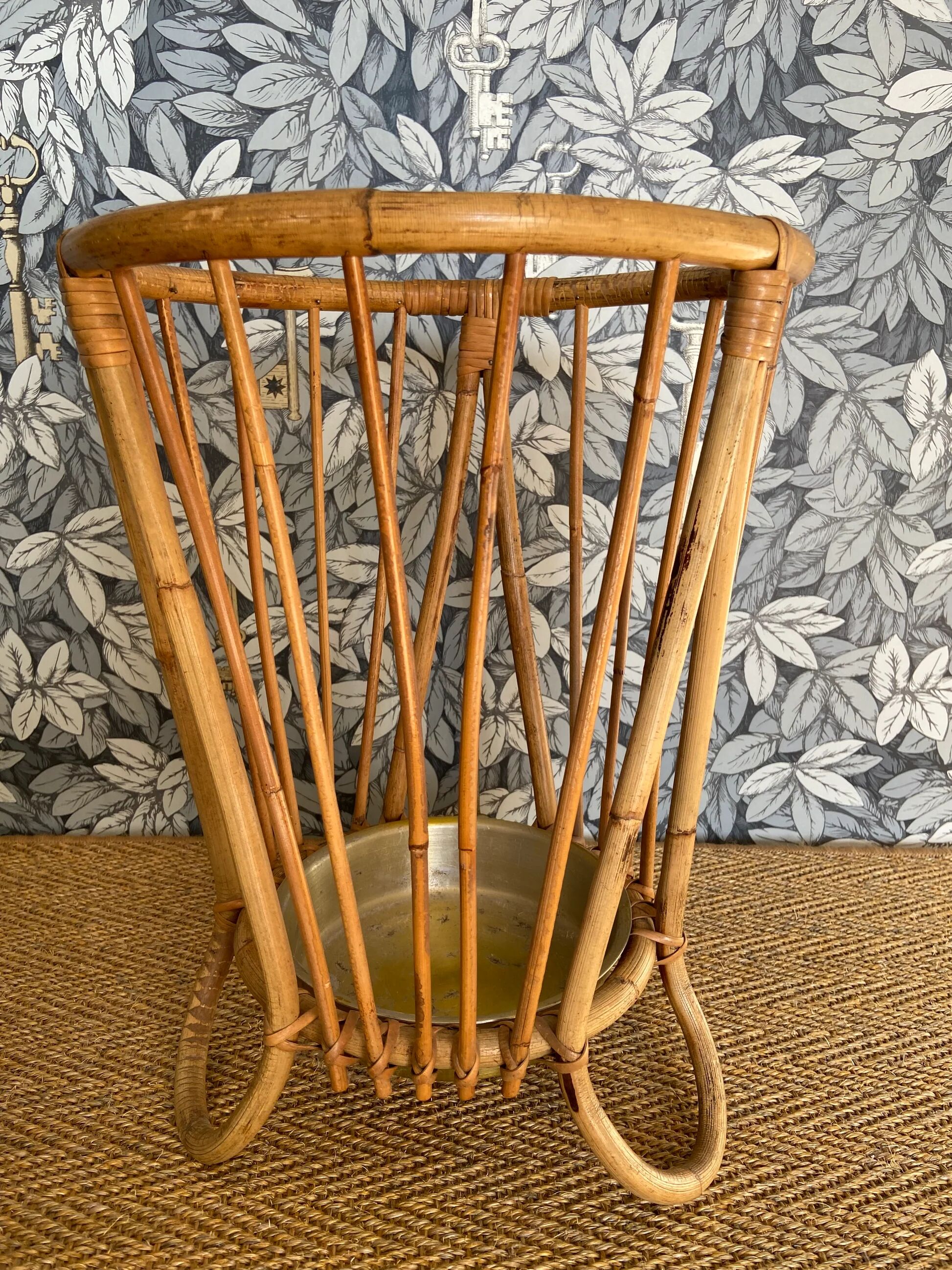 Bamboo and rattan umbrella stand with metal drip tray in the style of Franco Albini, Italy, 1960s