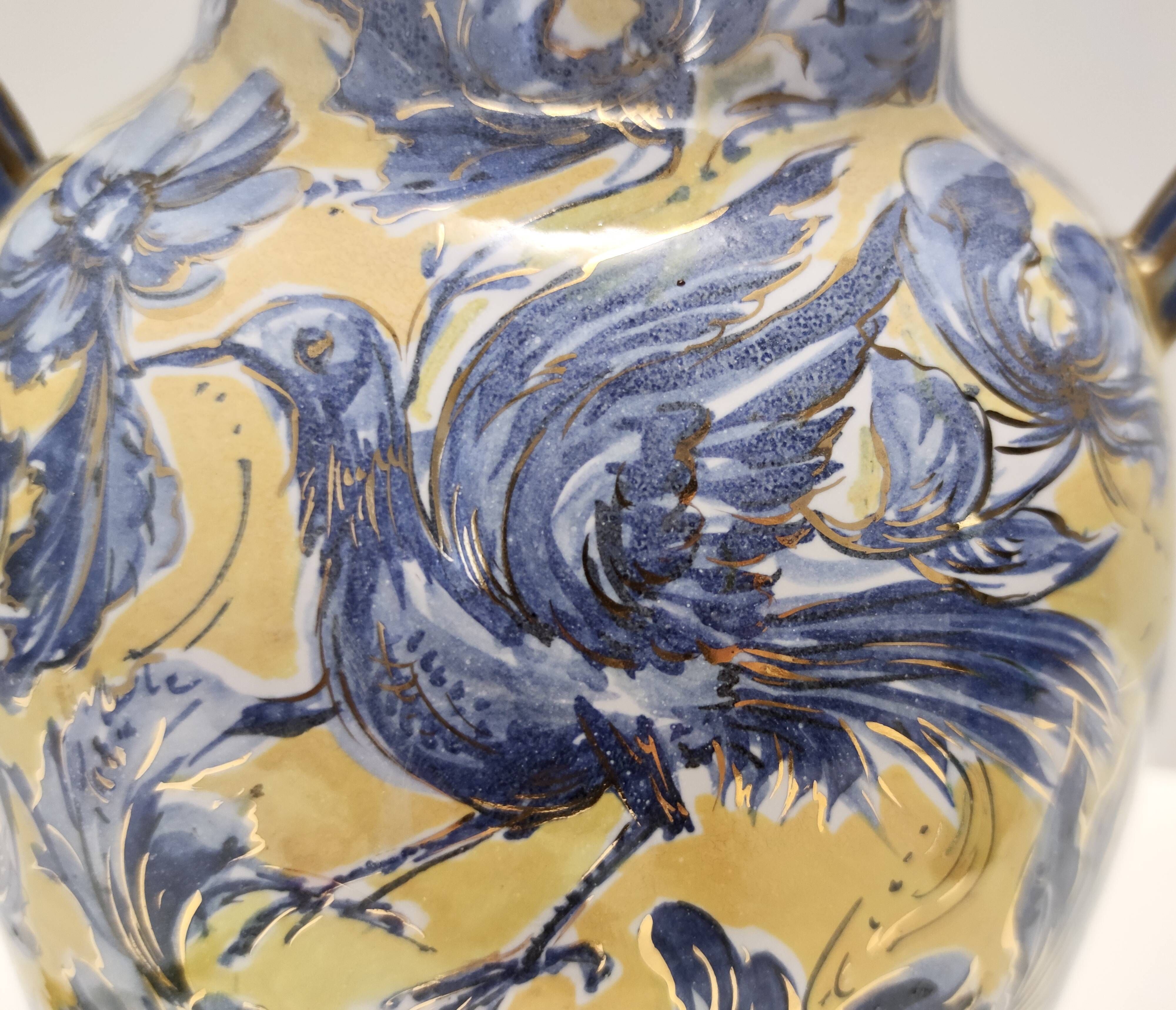 Vintage Handmade Yellow and Blue Glazed Ceramic Amphora by Zulimo Aretini, Italy