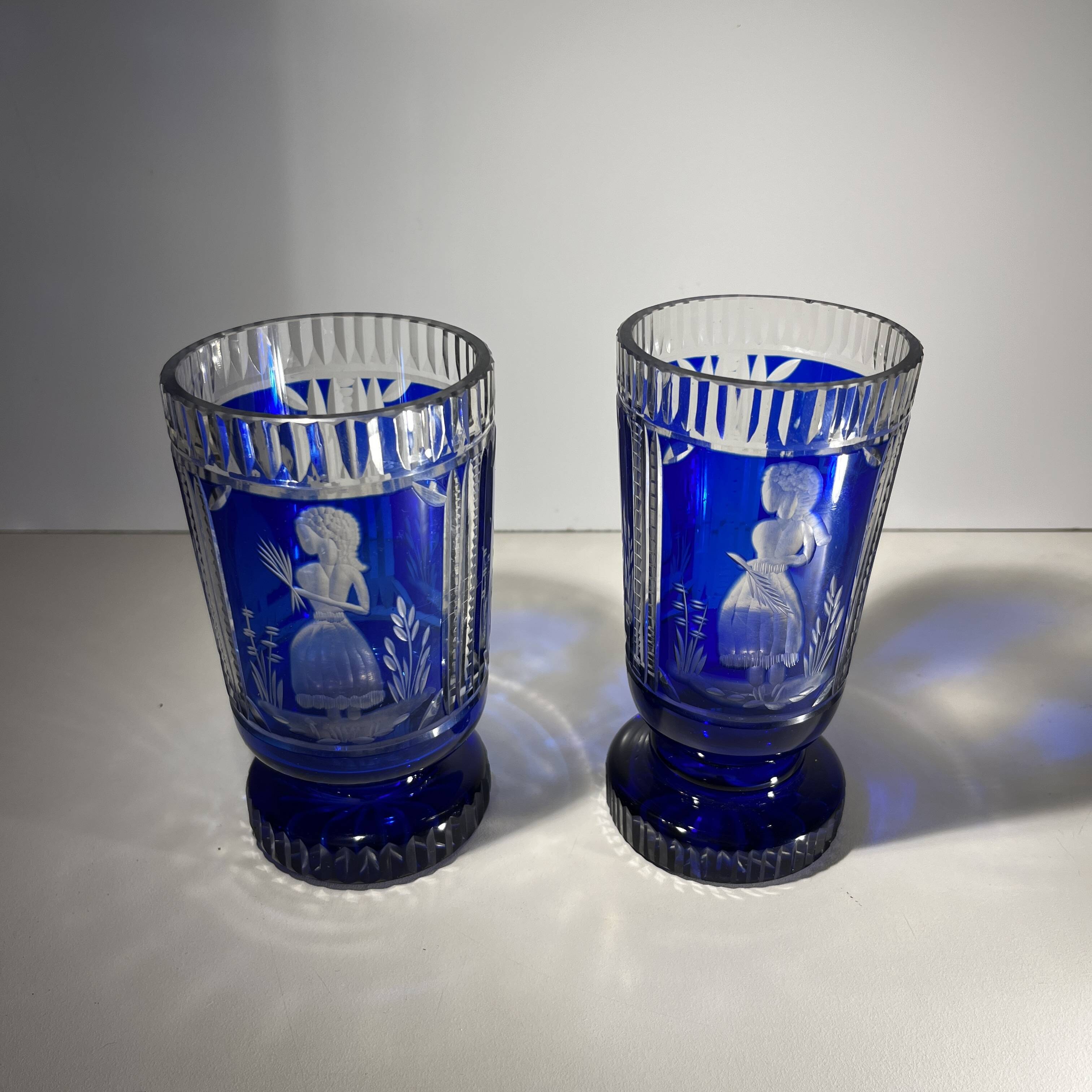 Bohemian crystal, set of 2 glasses, double-cut cobalt blue, ca 1900