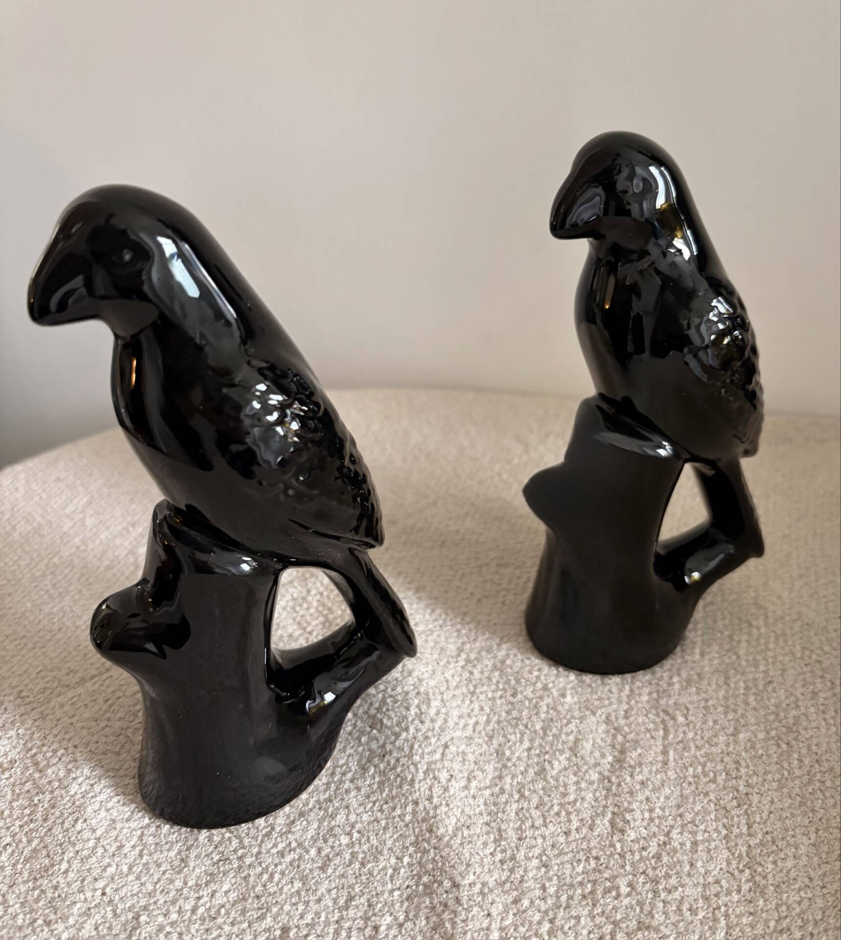 Pair of Mid-Century Gloss Black Ceramic Bird Figurines (Ravens/Crows)