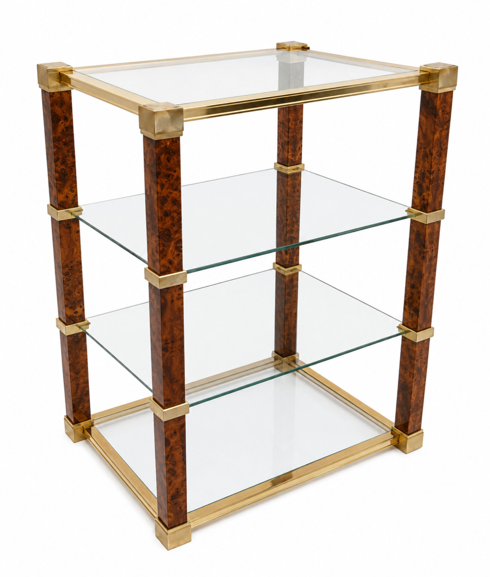 Hollywood Regency Set – Sideboard & coffee table in glass, brass & burl wood