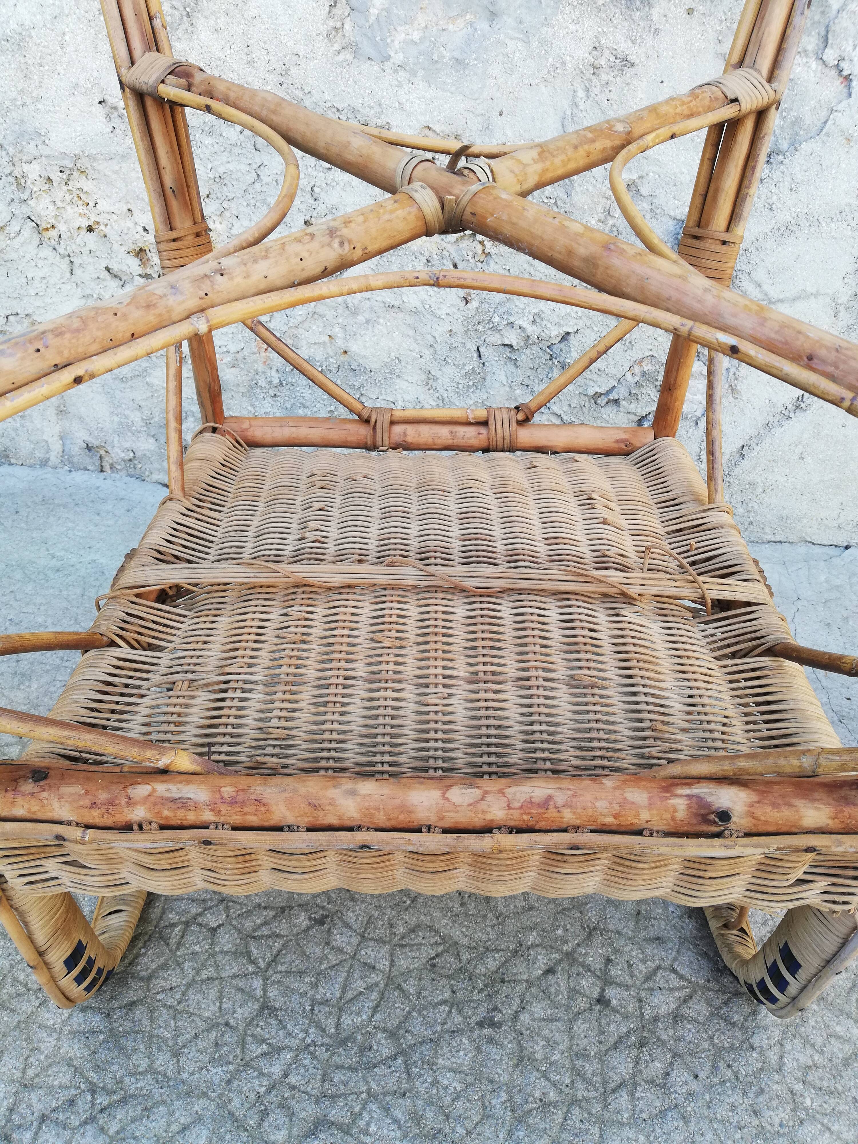 Armchair in wicker rattan and scoubidou