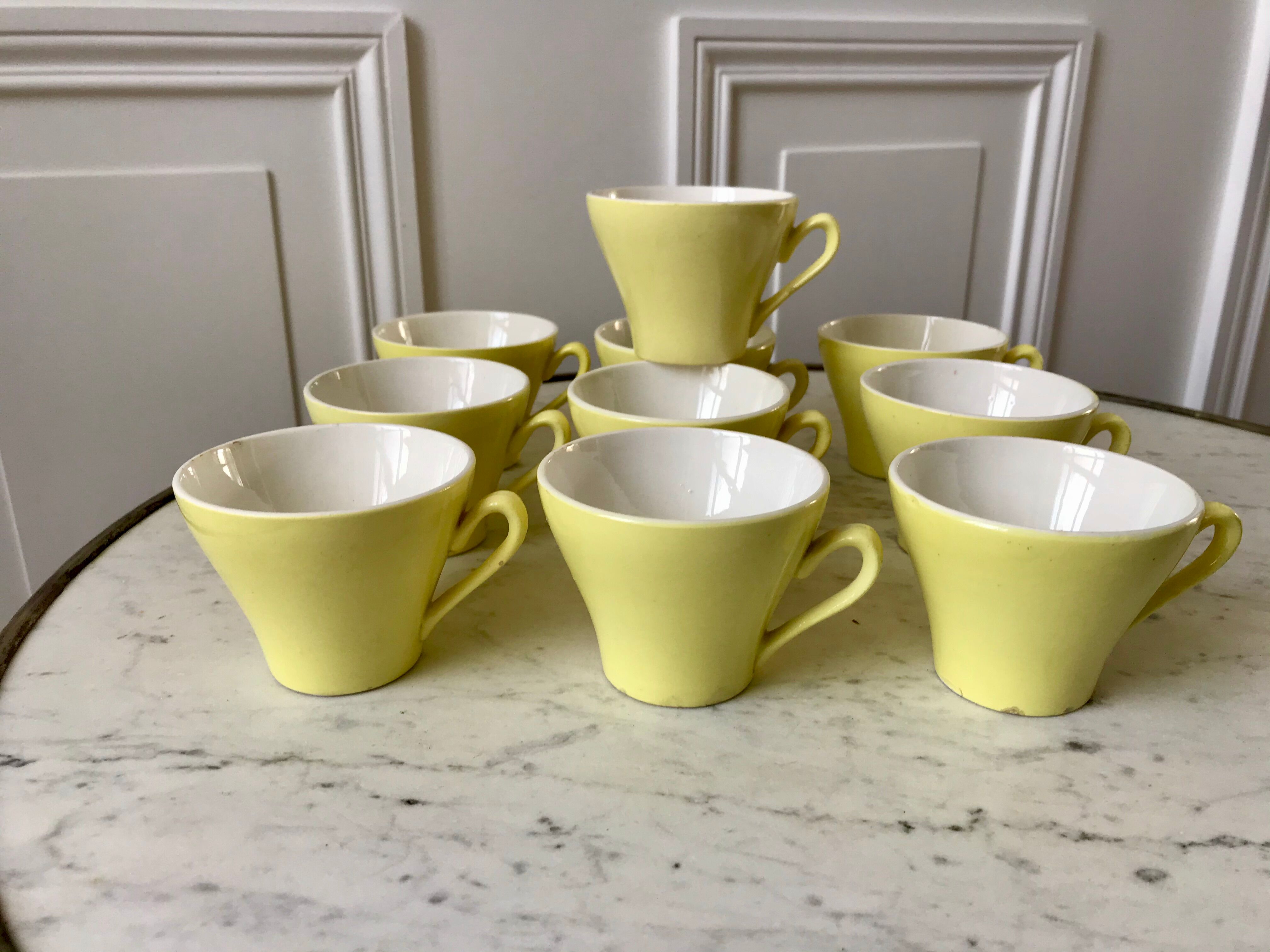 set of 10 coffee cups Digoin Sarreguemines pastel yellow color 50s