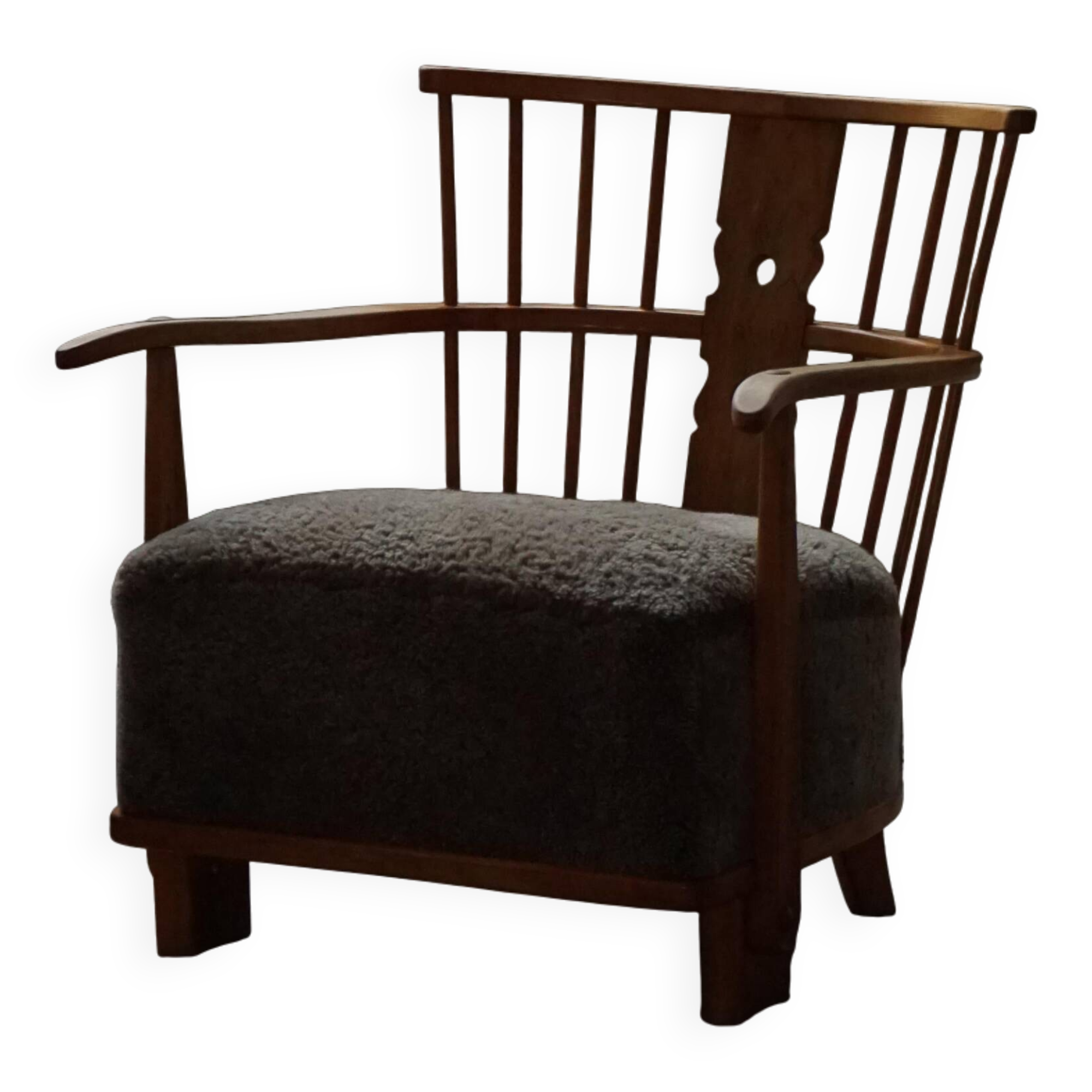 Armchair by Fritz Hansen, Model 1590, Elm & Lambswool, Scandinavian Modern, 1940s