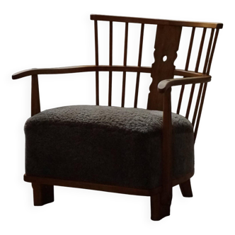 Armchair by Fritz Hansen, Model 1590, Elm & Lambswool, Scandinavian Modern, 1940s
