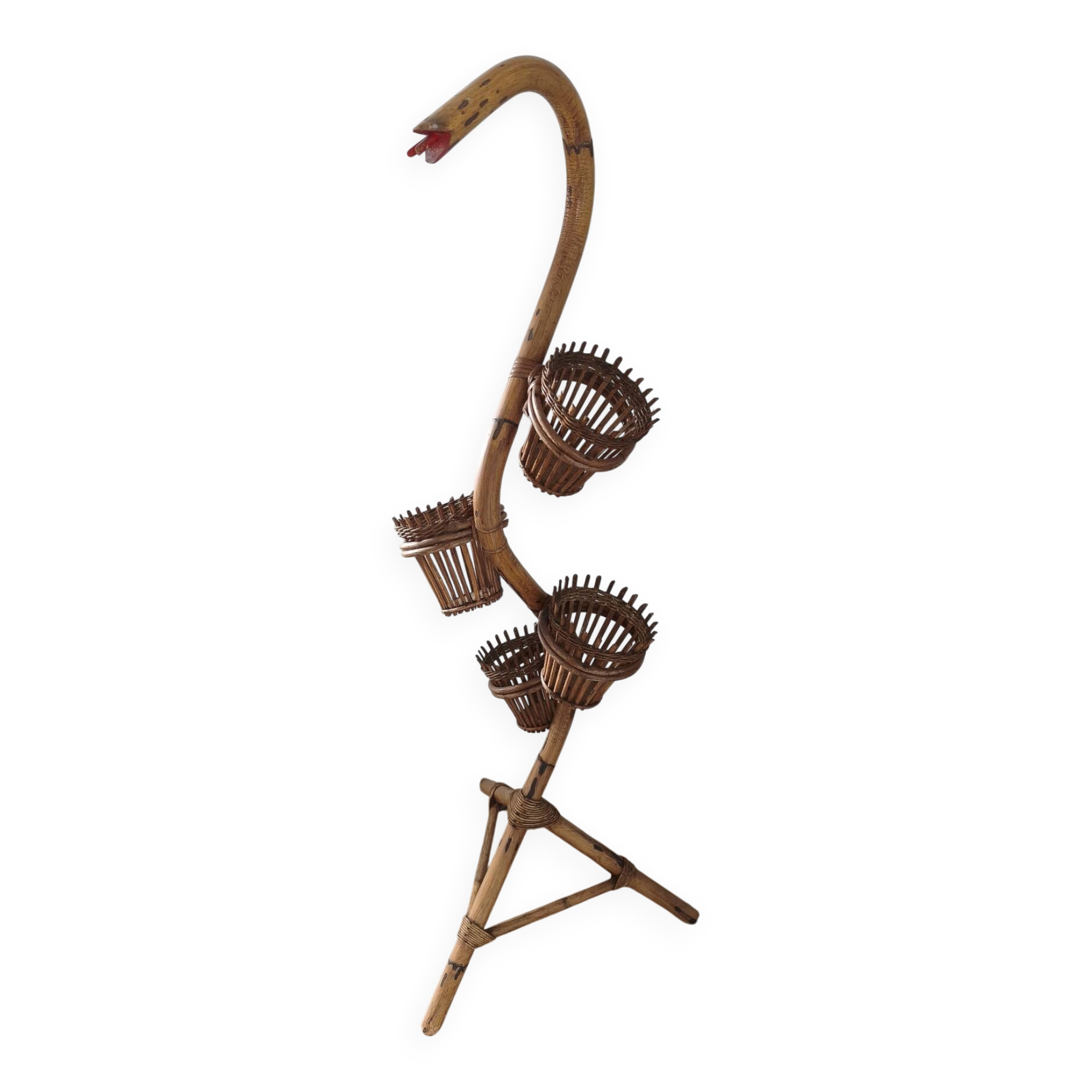Vintage serpent plant stand in rattan and bamboo - 1960s