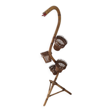 Porte-plantes serpent en rotin et bambou vintage - Années 60