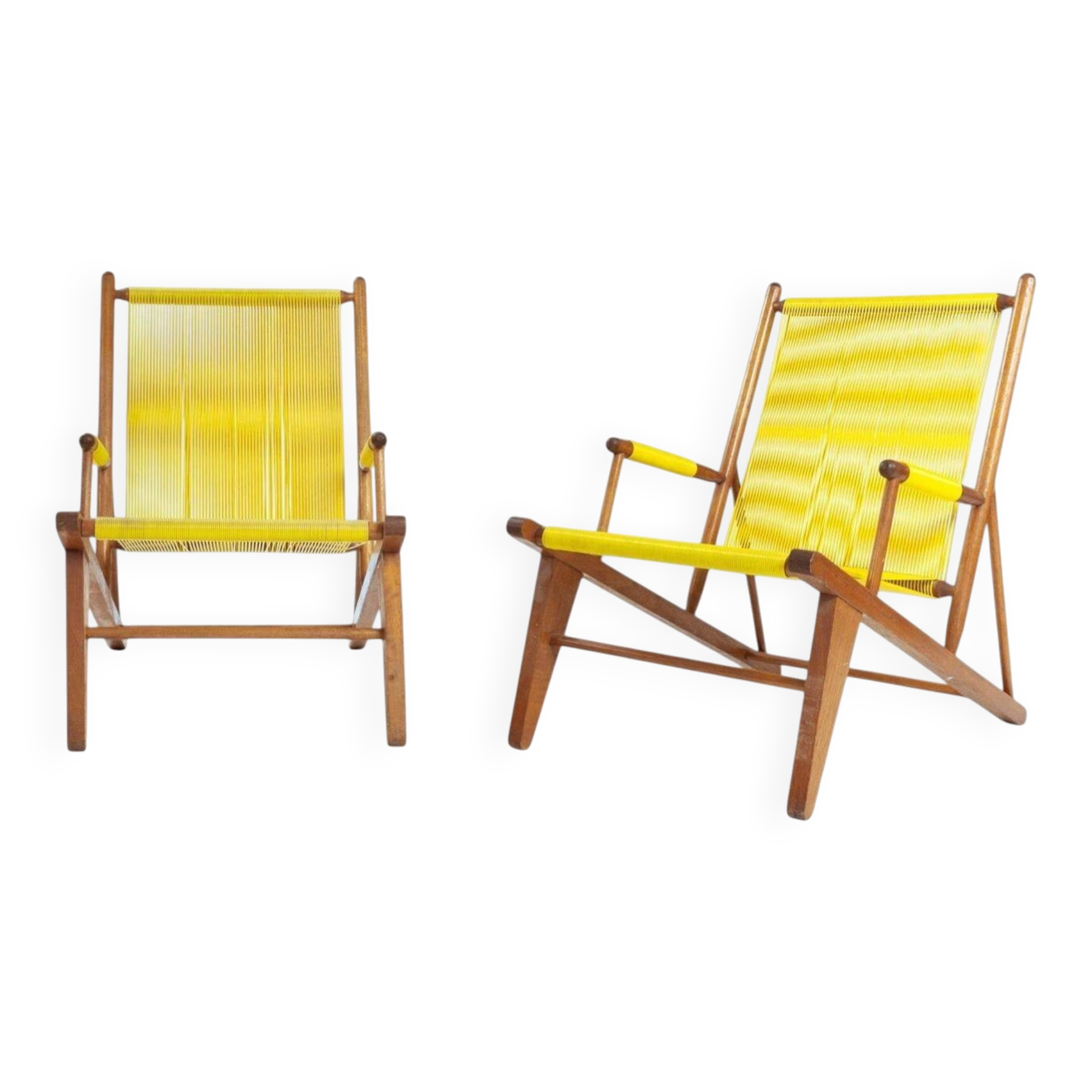 2 Yellow Spaghetti Armchairs in Beech, Garden Lounge Chairs, 1960s