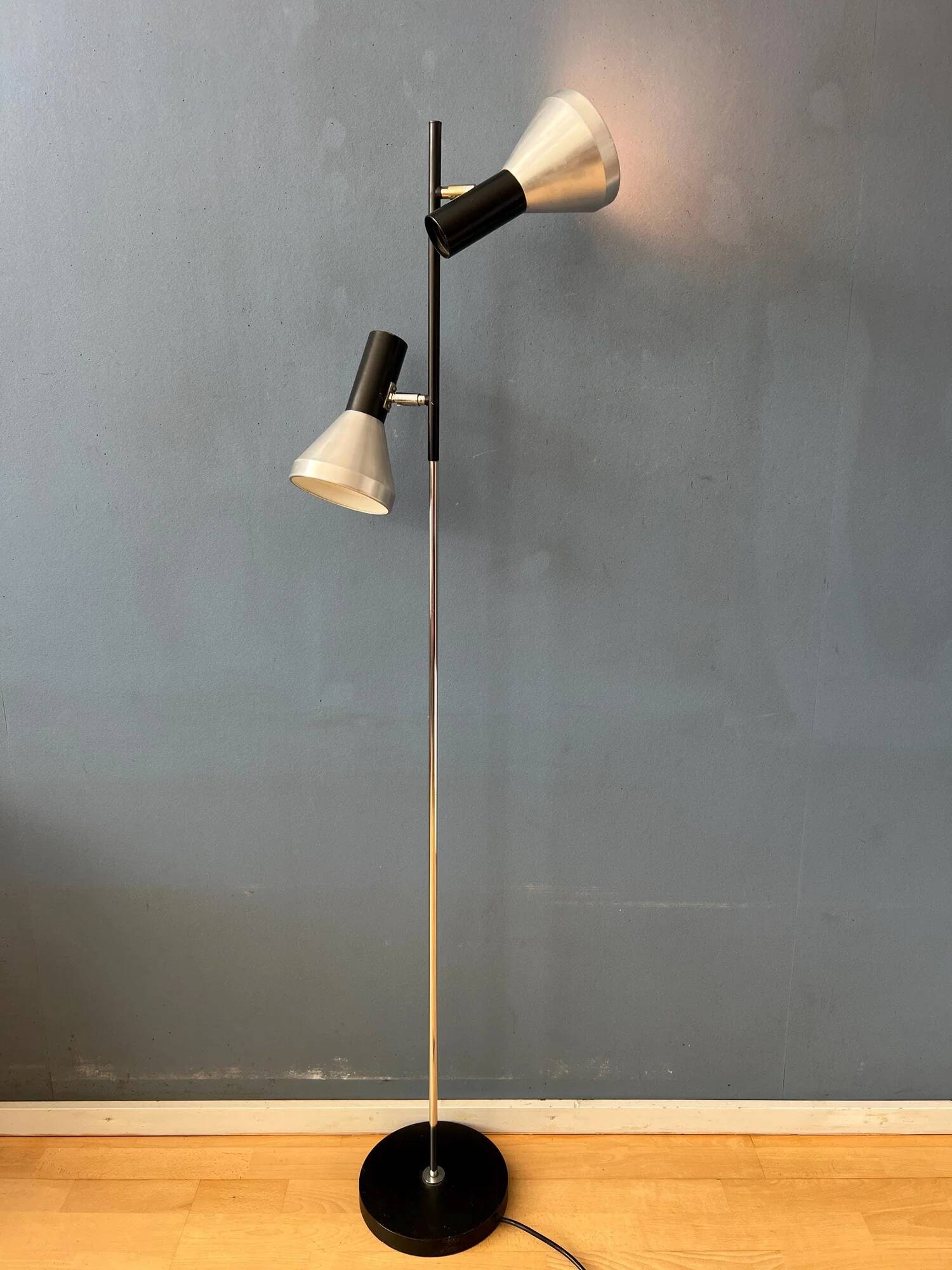 Vintage black mid-century floor lamp with two aluminum spots