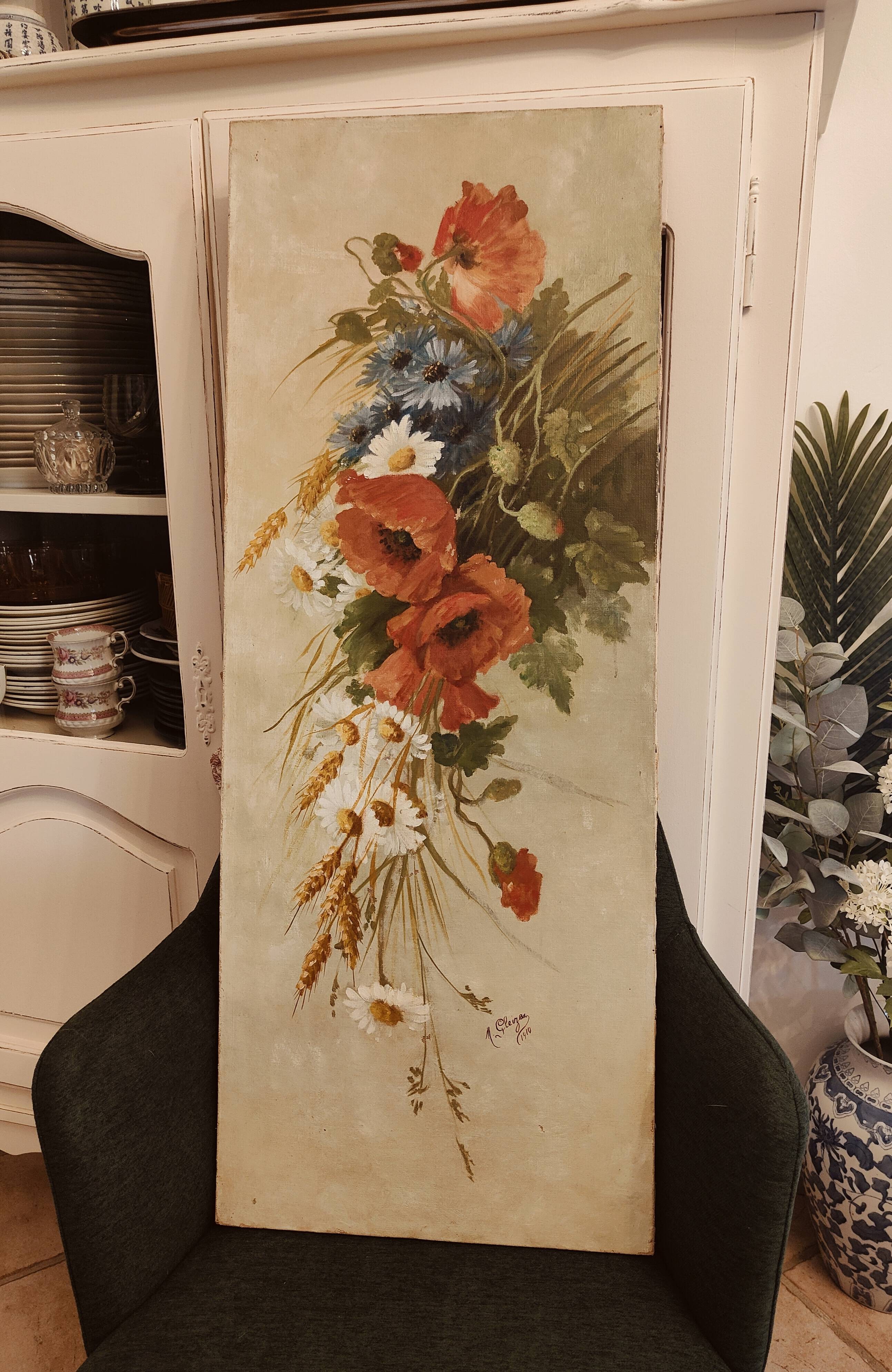 Oil painting on canvas "Country spray with poppies" 1910 signed