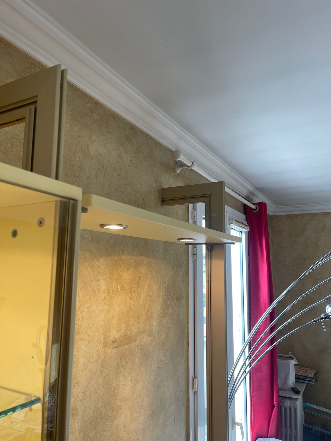 Library, vintage glass and gold aluminium display case, 1980s.