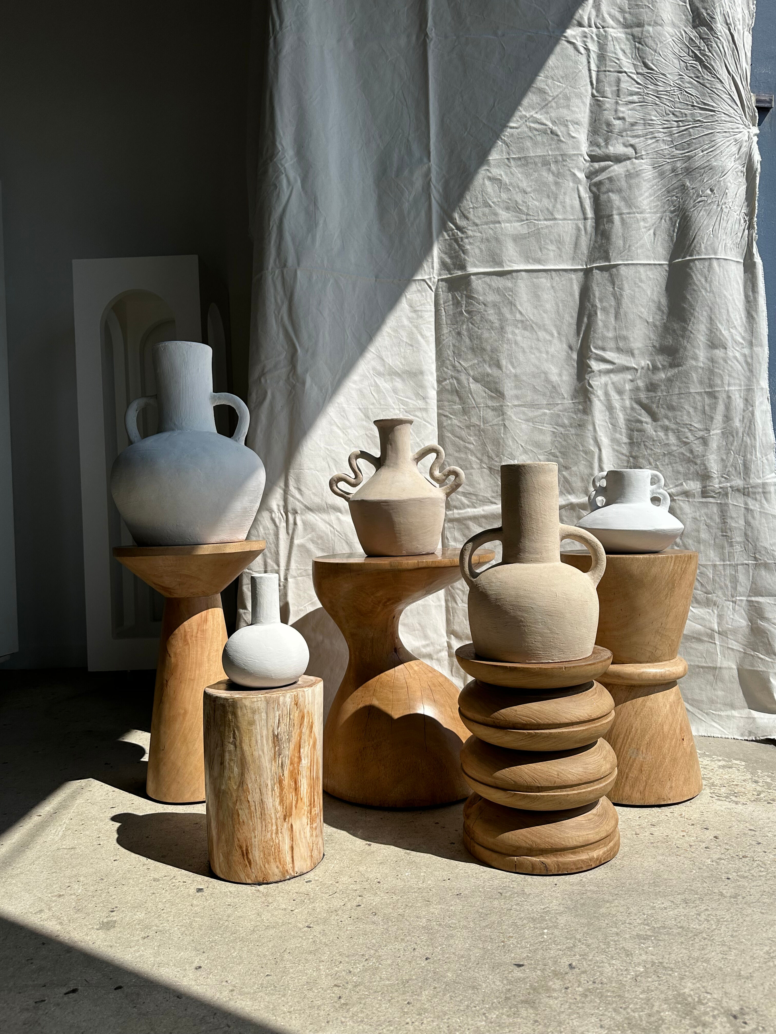 Handcrafted terracotta vase painted white with double handles h:40 d:30