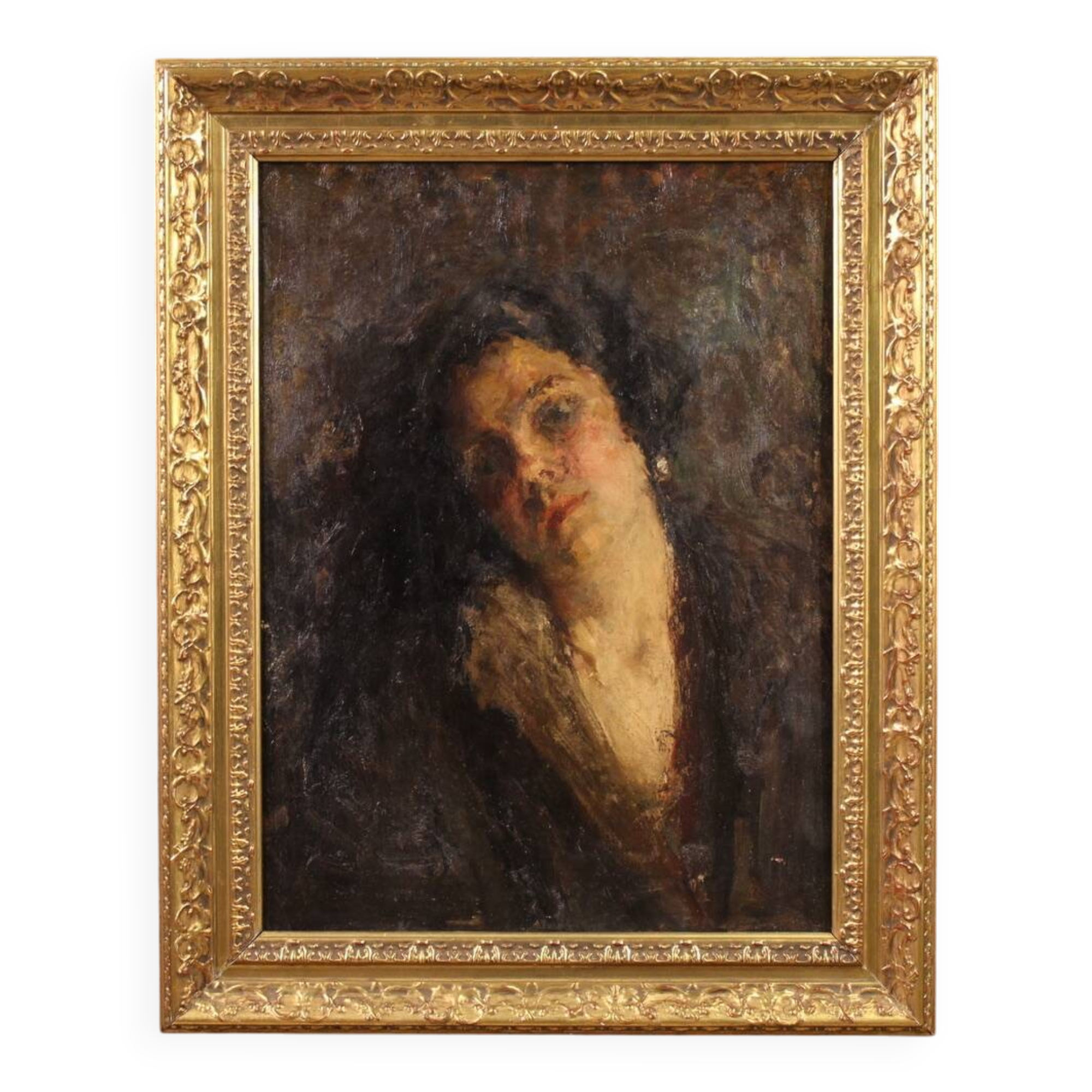 Peinture de portrait féminin impressionniste italien du 19e siècle