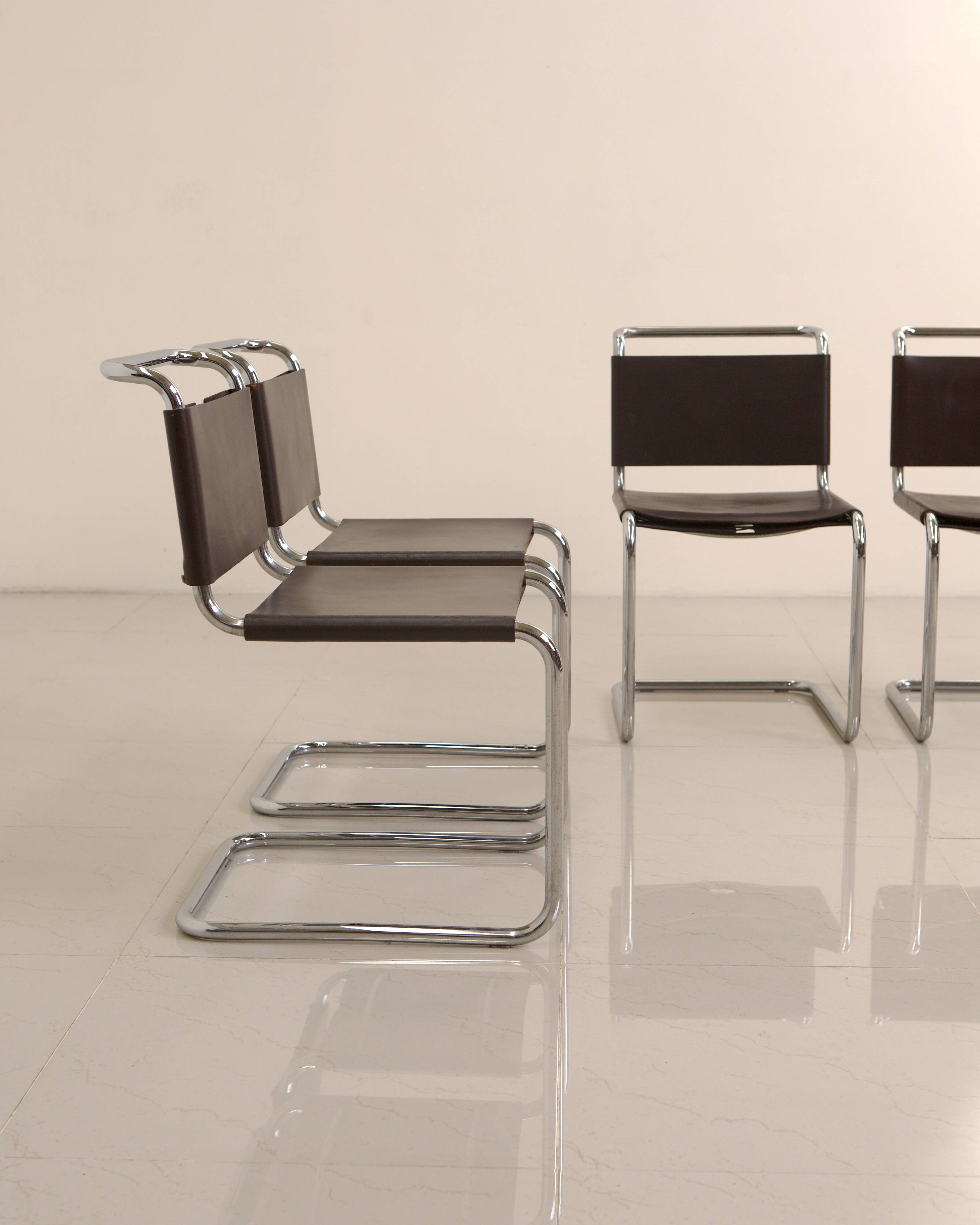 Set of 4 "S33" chairs in brown leather by Mart Stam for Gavina 60's